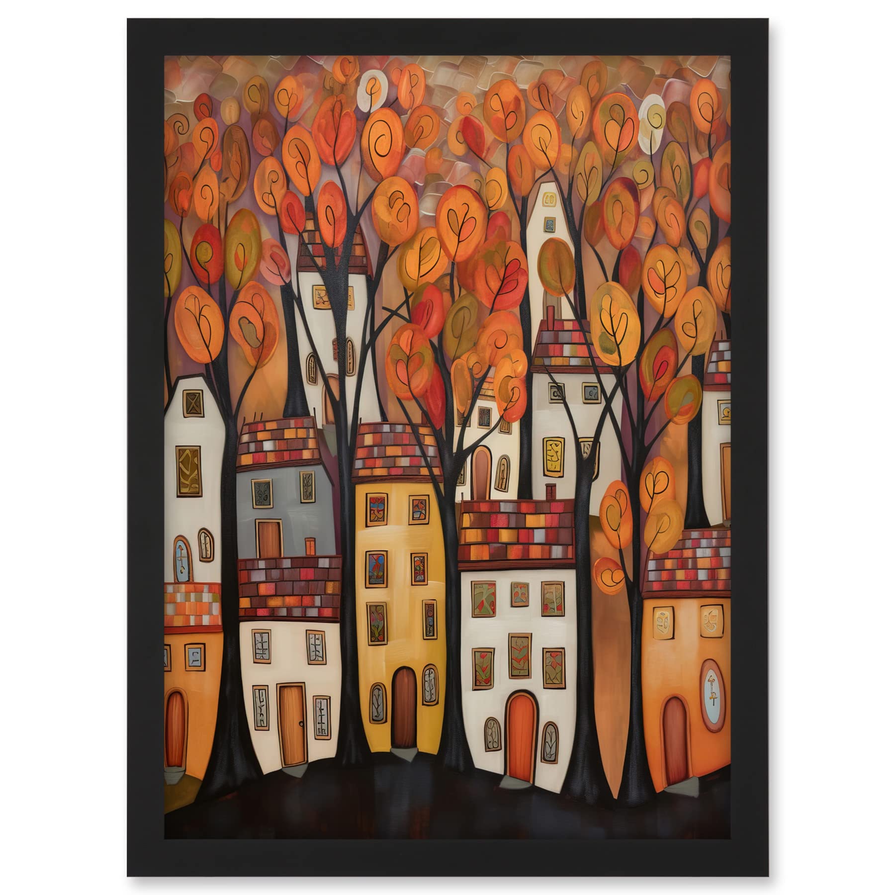 Artery8 Cityscape With Trees In Autumn Contemporary Folk Art Painting Artwork Framed A3 Wall Art Print