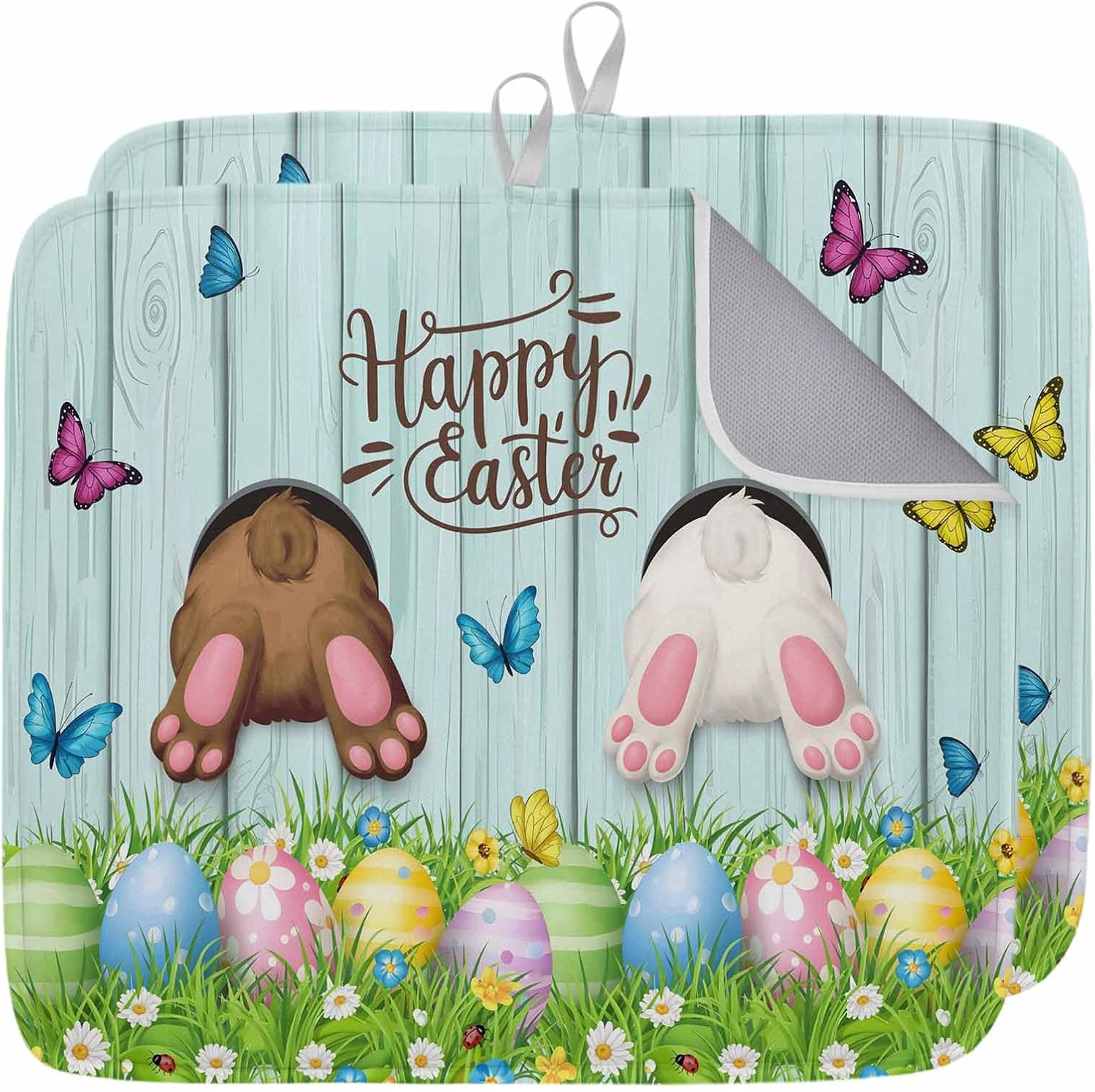Happy Easter Dish Drying Mat for Kitchen Counter White Brown Rabbit Tail Colorful Easter Eggs Green Wood Grain Super Absorbent Coffee Bar Mat Washable Dish Drainer Rack Mat, 2 Pack, 16" x 18"