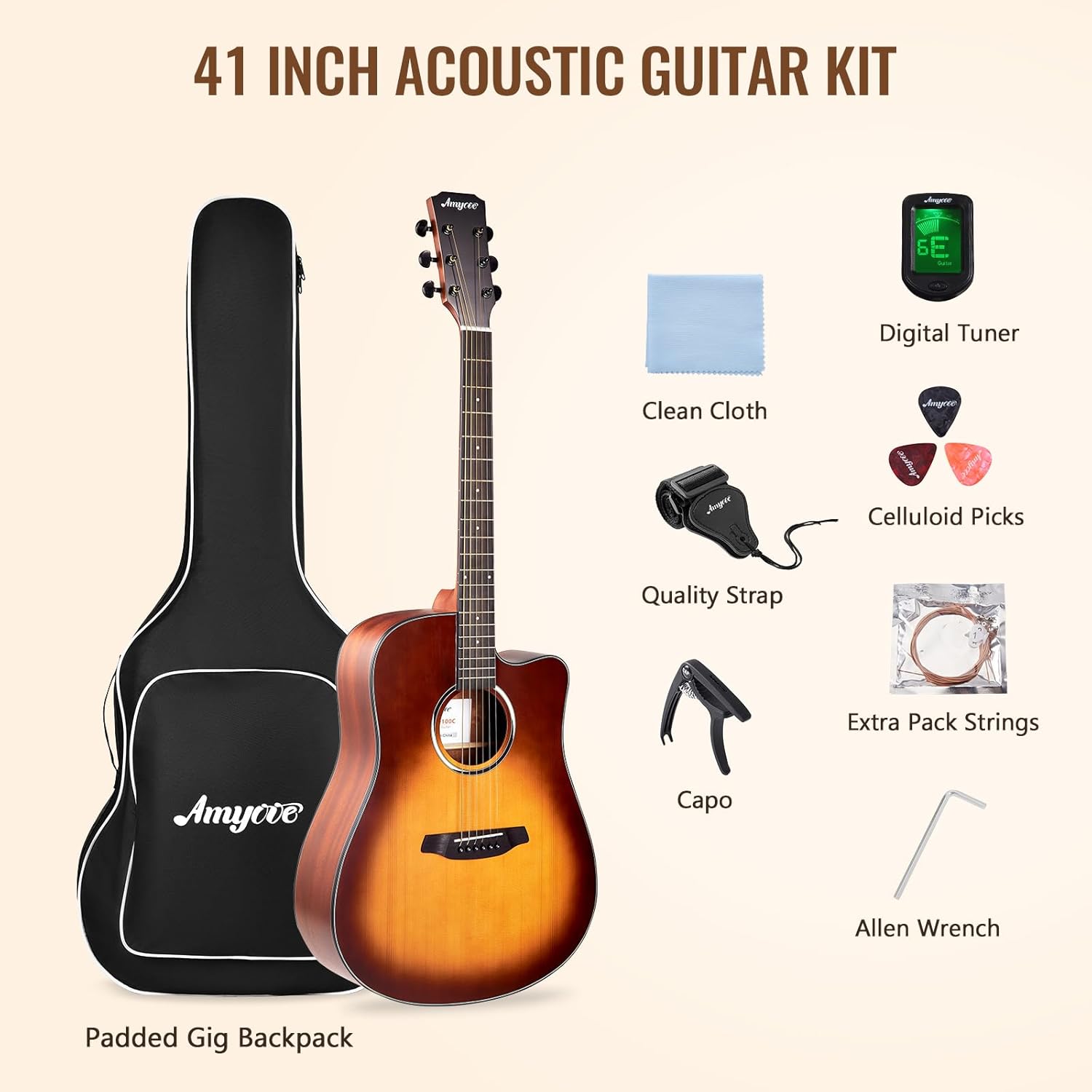 GAOMON 41" Acoustic Guitar for Beginner Adult Teen Full Size Steel Acustica Guitarra with Gig Bag, Tuner, Strap, Strings, Picks, Capos, Cutaway, Right Hand,Sunburst