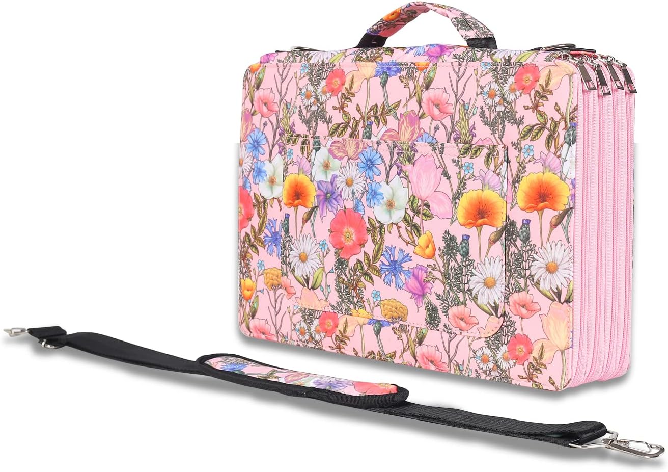 Colored Pencil Case 128 Large Slots Holds 384 Pencils or 256 Gel Pens with 4 Layer Zipper Closure High Capacity Pen Organizer for Painter or Artist Black Flower (Pink Flower, 384)