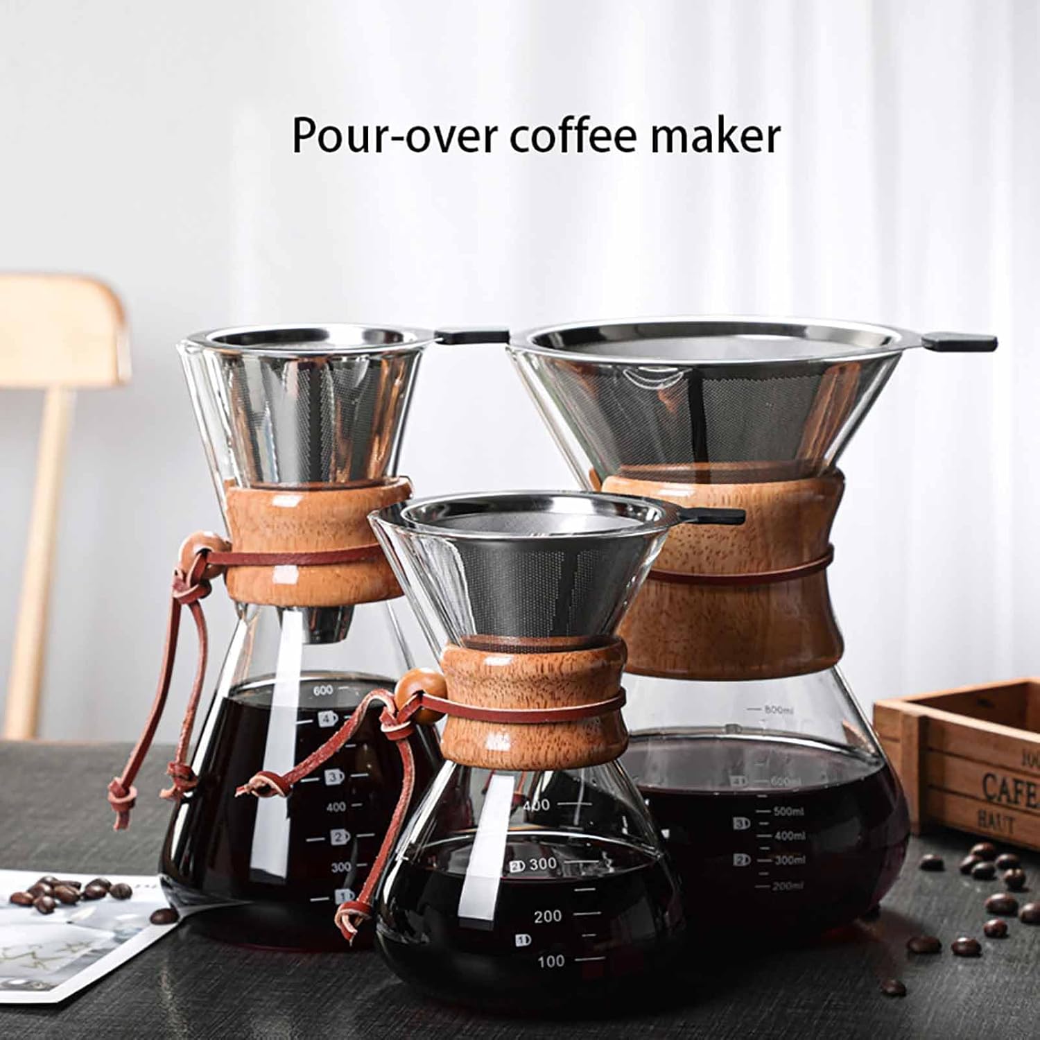Pour Over Coffee Maker with Stainless Steel Filter, 13.5 OZ Glass Carafe Drip Coffee Maker – Reusable & Portable for Home, Office, Camping 600ML