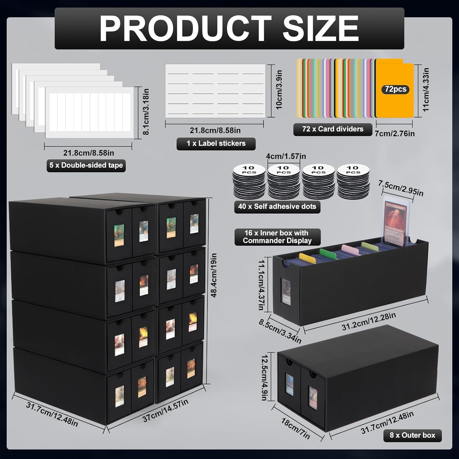 14000+ Card Storage Box, 2700+ Toploader Card Storage Box for Commander Display,with 72 Dividers, Labels & Tapes,Fit for TCG, PTCG, MTG
