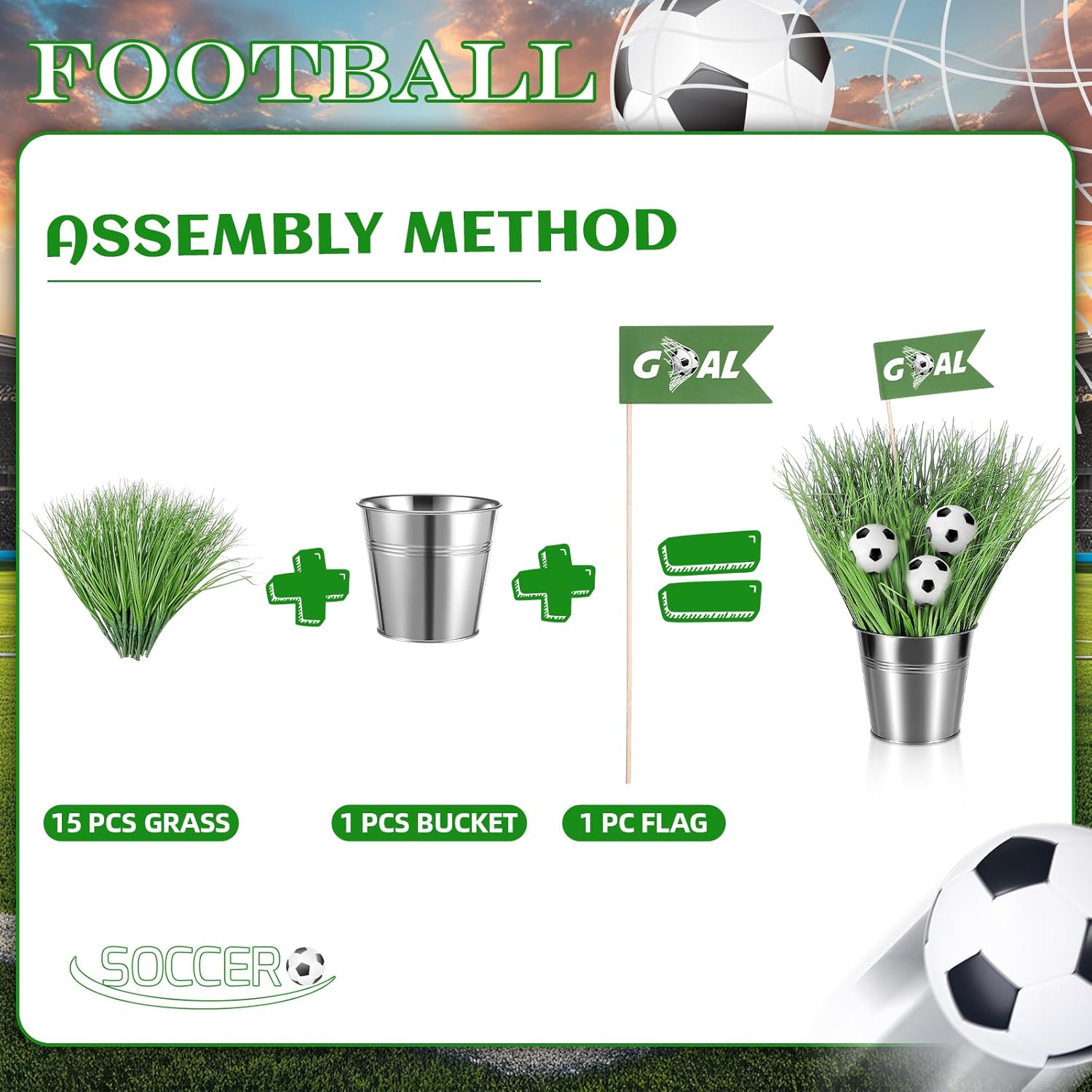 Soulchen 6 Set Soccer Party Table Decorations Kit Includes 6 Iron Bucket 12 Mini Football 90 Artificial Grass 6 Flags Centerpiece for Birthday Sport Themed Party Desk Supplies Football Favors (Soccer)