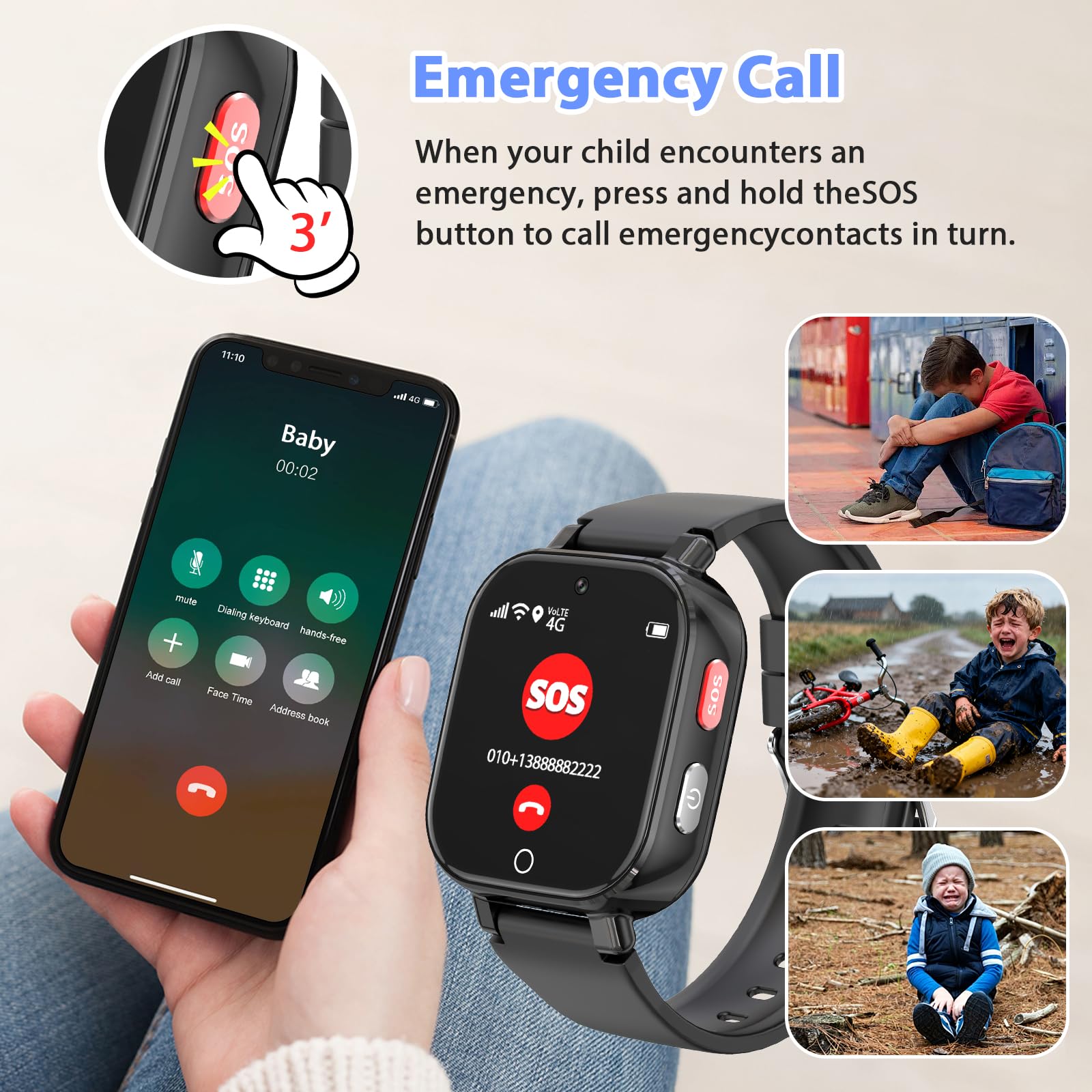 4G Smartwatch Kinder mit Videoanruf GPS SOS IP68 Wasserdicht Schulmodus Schrittzähler Kinderuhr Geschenk Jungen Mädchen 4-12 Jahren Schwarz