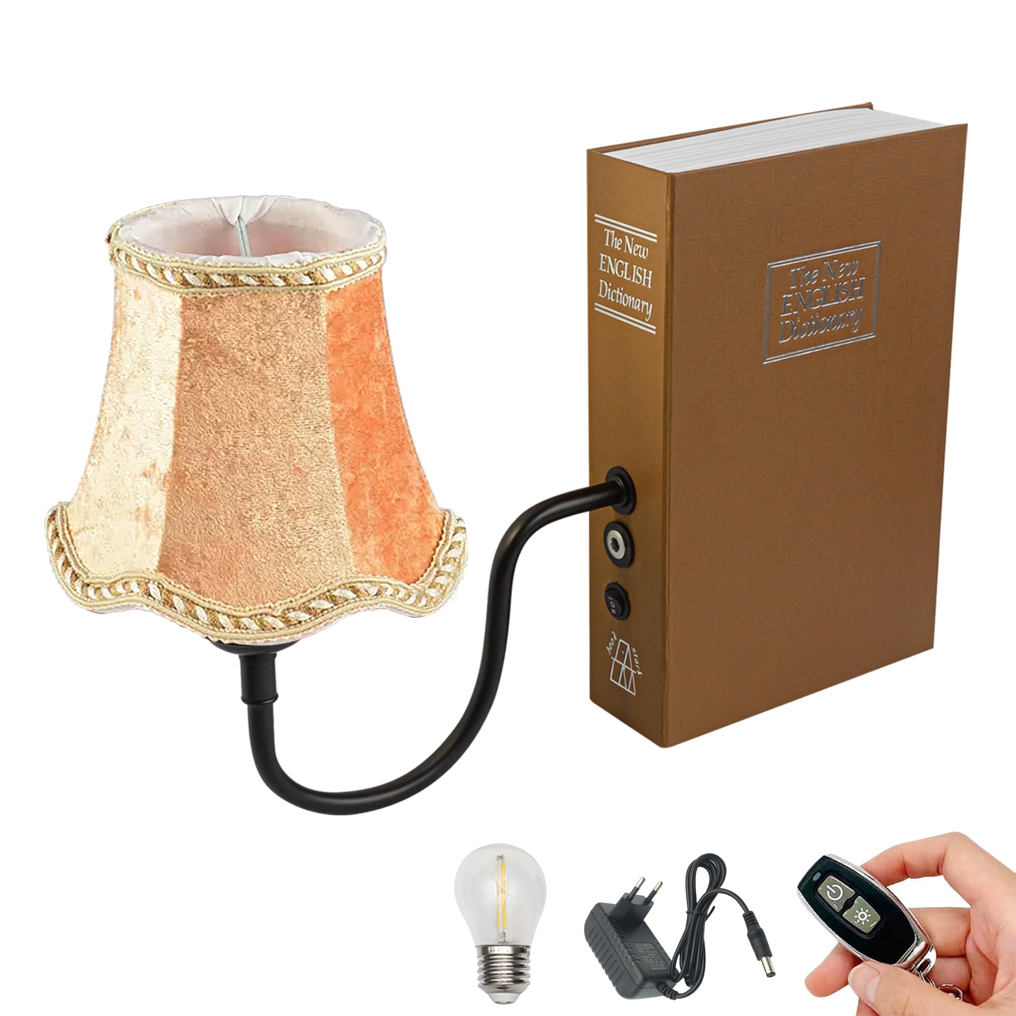 LED Buchlampe mit Fernbedienung, Vintage Dimmbar Nachttischlampe mit Stoffschirm 1xE27-Fassung, Wiederaufladbare Tischlampe Zeitschaltuhr für Nachttisch Beistelltisch -DZ0332/8