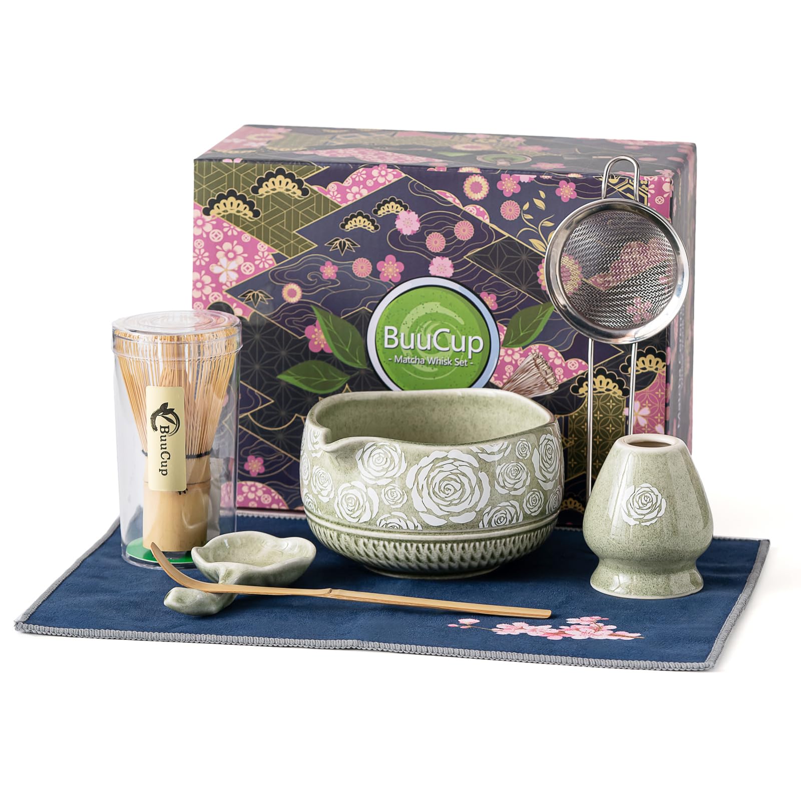 Matcha Whisk Set, 7-Pc Ceramic Matcha Bowl Kit, Bamboo Whisk,（Rose Green）