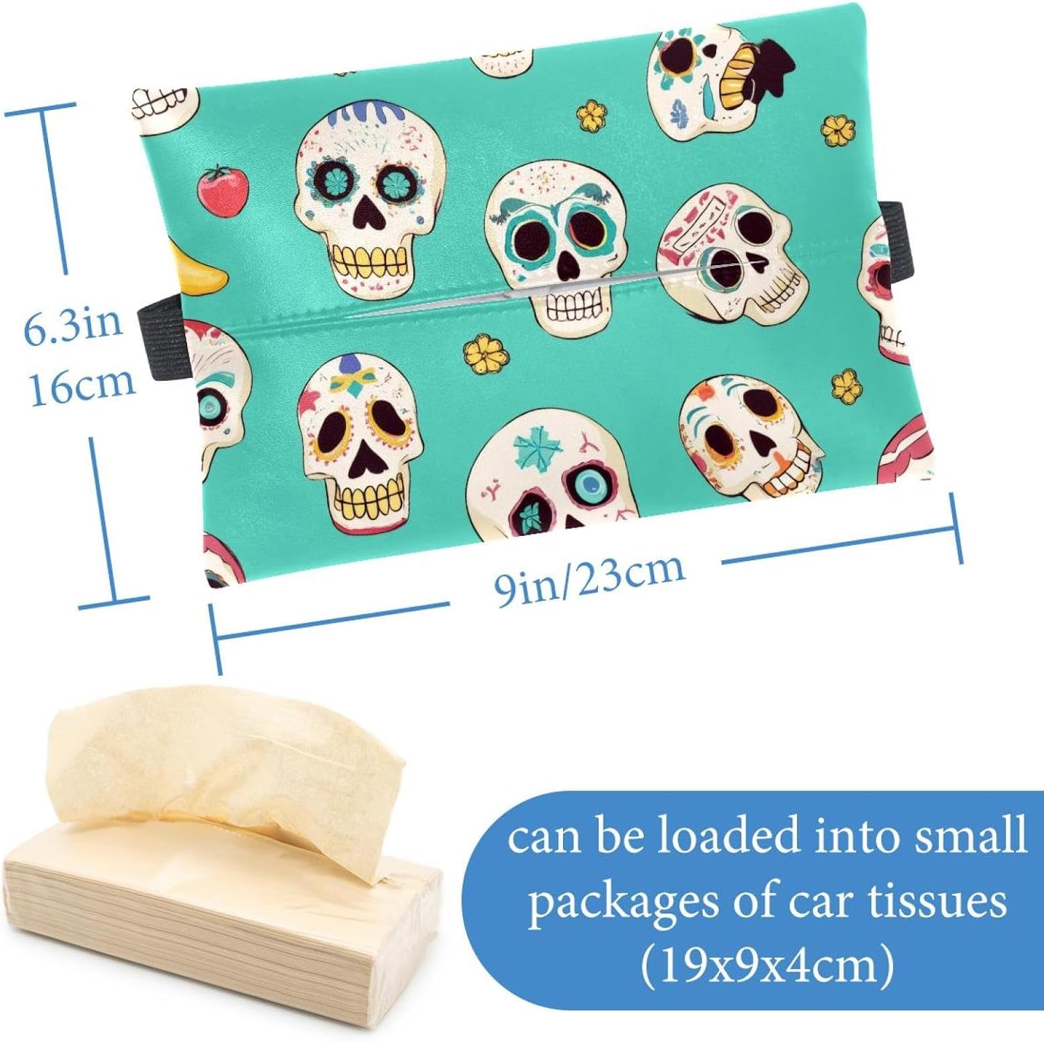 2 Pieces Tissues Purse Pocket Car Tissue Box Holder, Reusable Travel Car Visor Tissue Pouch Zipper Tissue Case for Vehicle Paper Storage (Skulls Yellow Background) image 3
