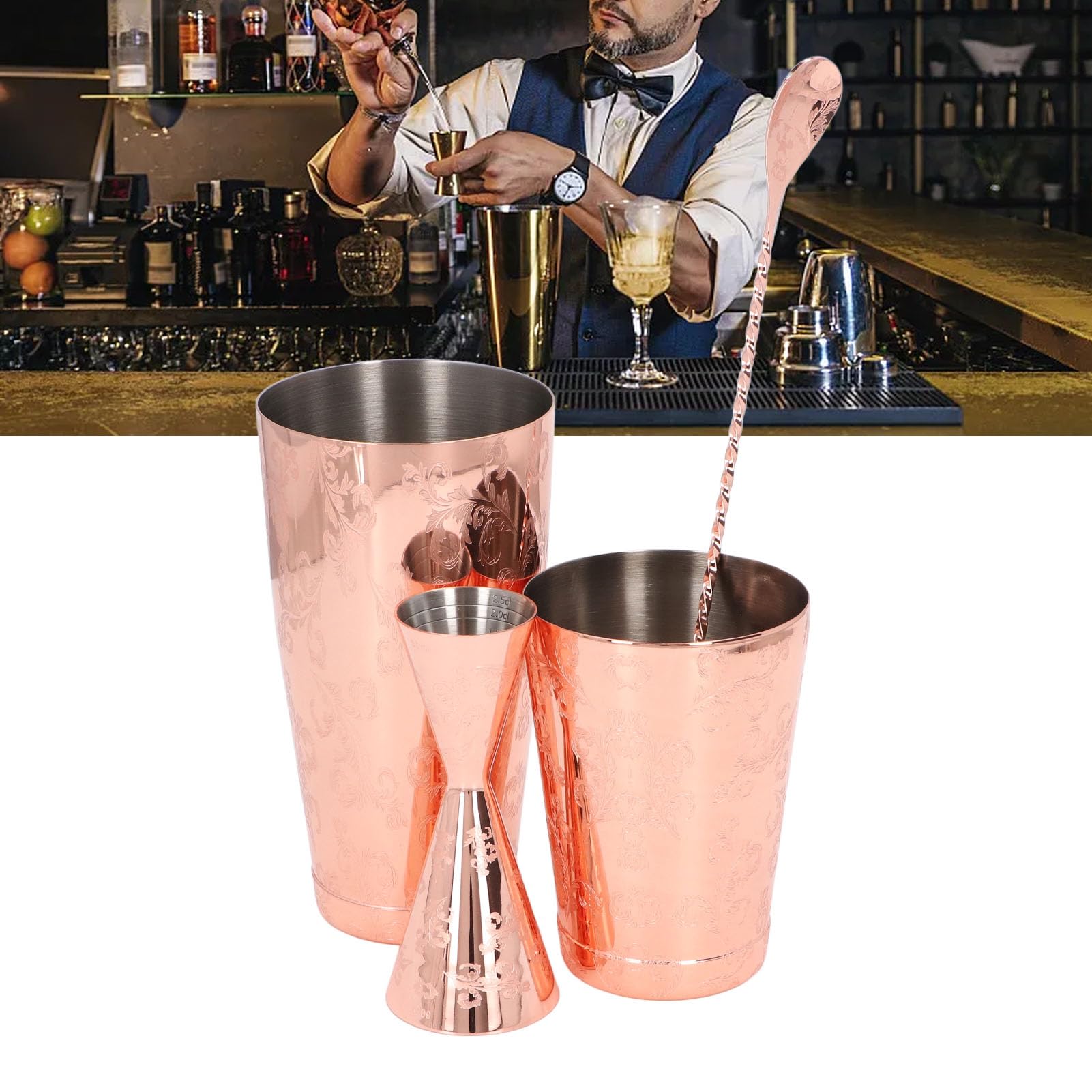 Set shaker per cocktail Boston MUNEFE, stampa vintage in acciaio inossidabile 304 (Insieme 4)