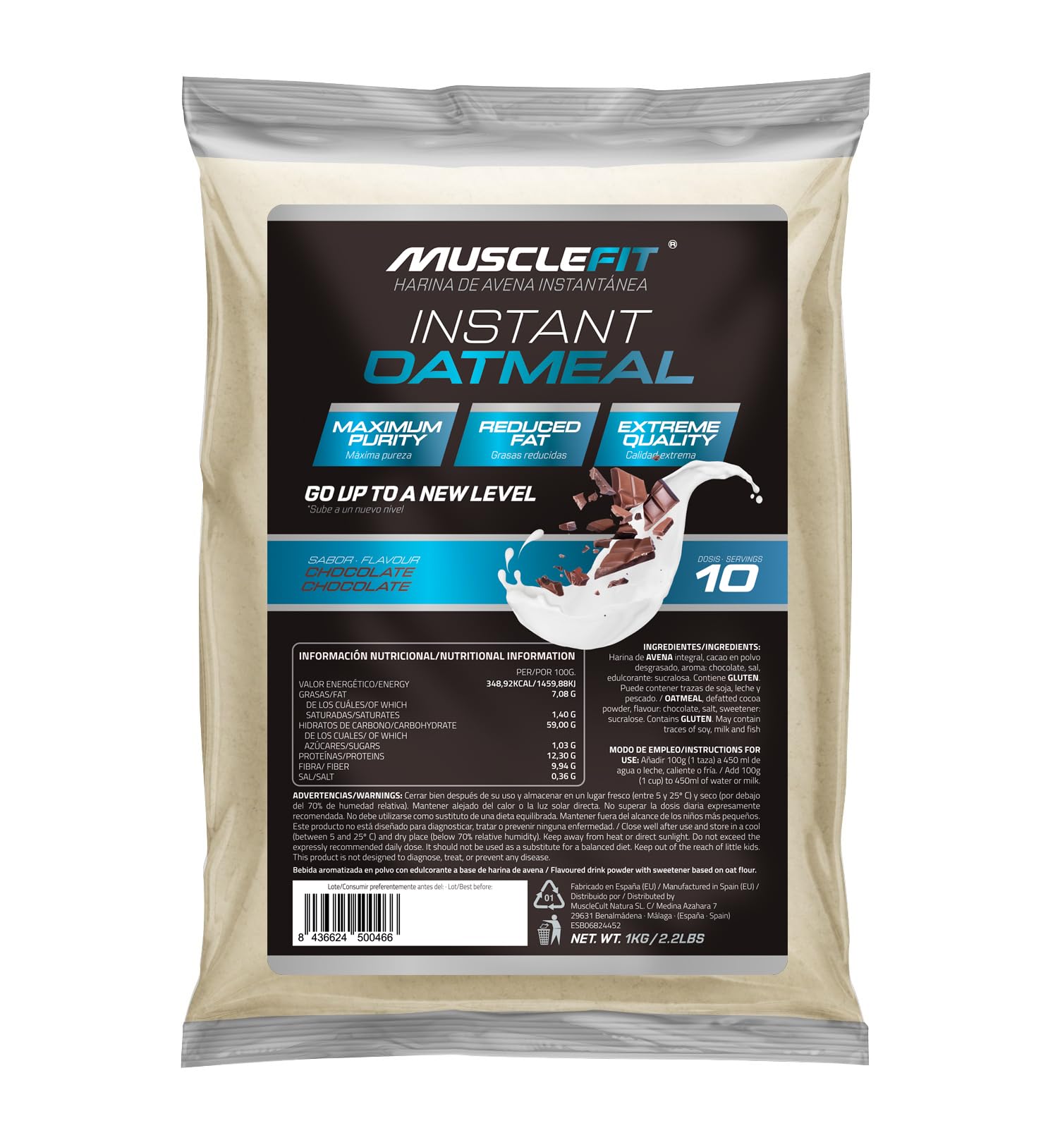 MuscleFit Harina de Avena Integral | 1kg de Avena Molida | Sabor Chocolate | Oatmeal | Bajo en grasas