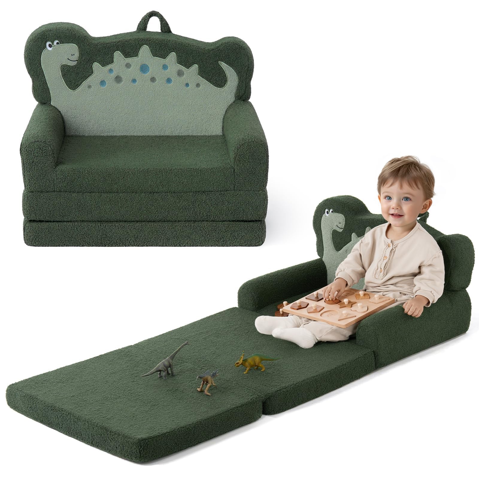 Blissful Diary Foldable Kids Couch, 2-in-1 Kids Sofa Chair, Green Dinosaur
