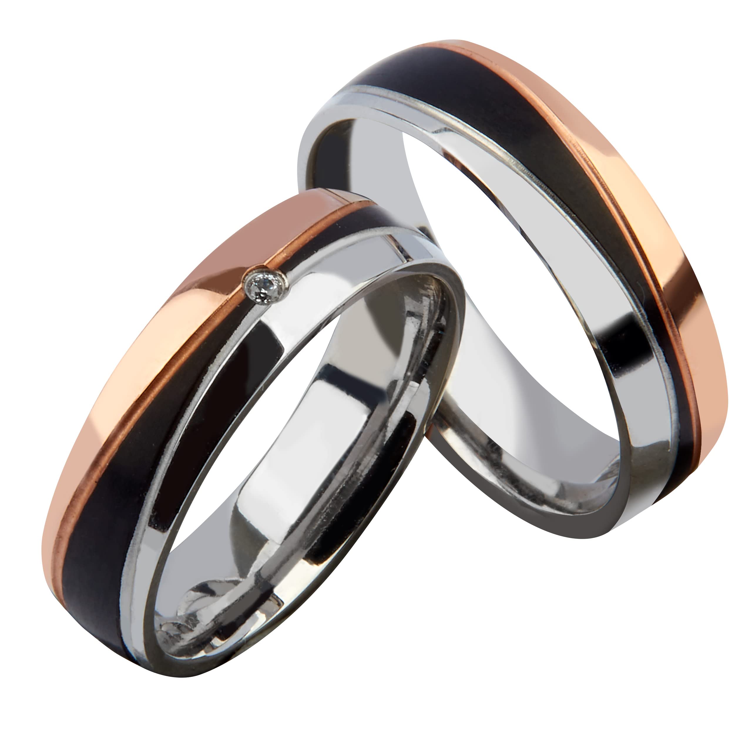 Paar Partnerringe & Eheringe aus Edelstahl – 6 mm Ringpaar mit Zirkonia & Gravur Verlobungsringe Trauringe Freundschaftsringe für Sie und Ihn im Etui | 3420