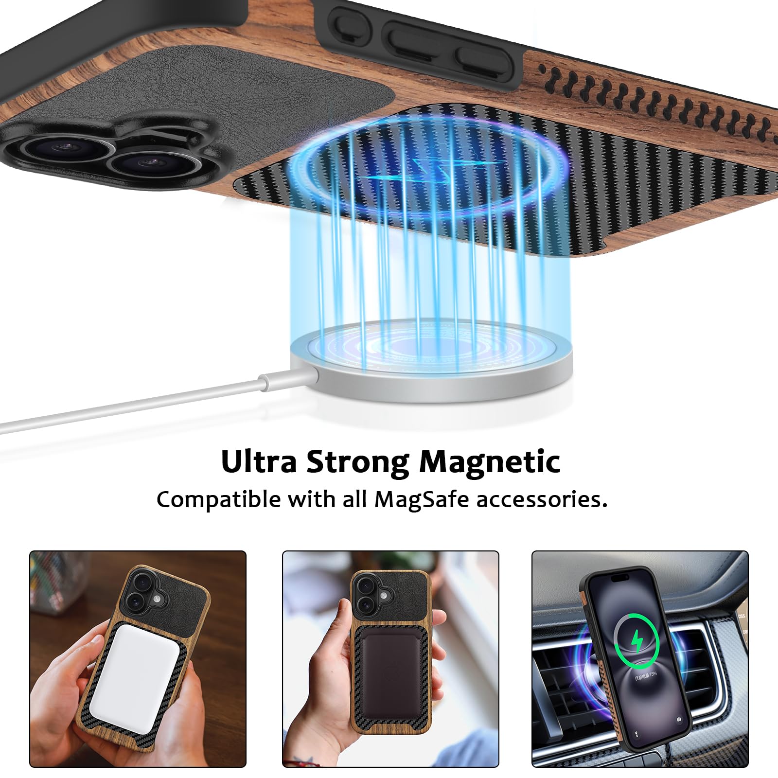 Cover Magnetica per iPhone 16 Compatibile con Magnetica, Custodia in Legno con Carbonio e Pelle Design Protezione Antiurto Cover Compatibile con iPhone 16 (Nero)