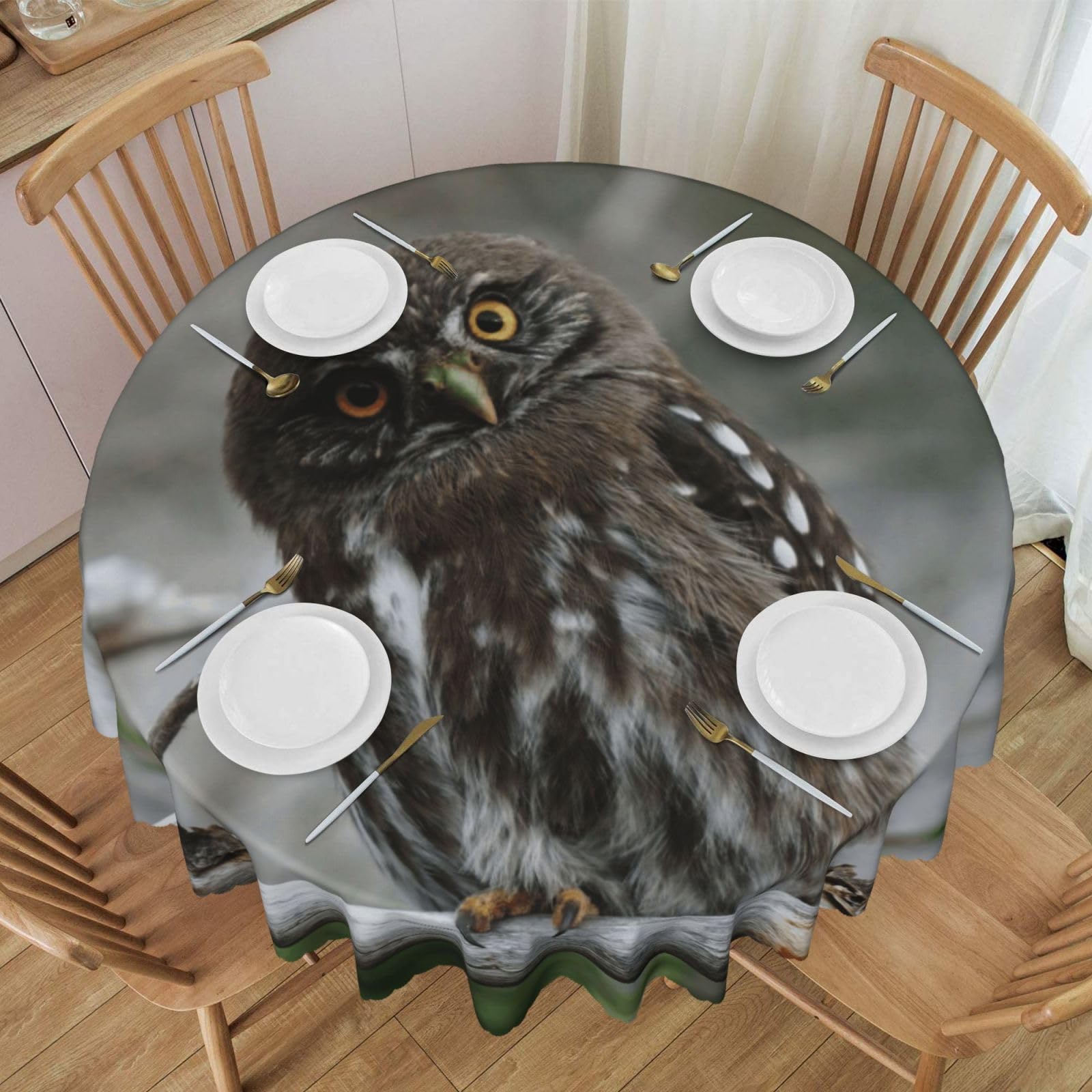 DCEHGEW 60 In Round Tablecloth with Lace, Wild Owl Birds Printed Oilproof & Washable Fabric Picnic Table Cloth Table Covers