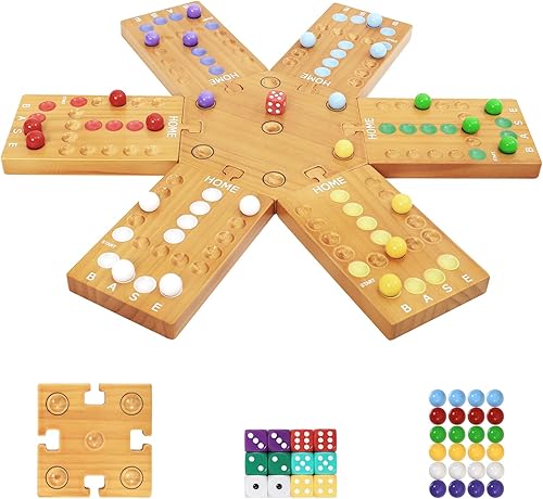 plusvivo Juego de mesa de mármol, juego de mesa de madera para 4 y 6 jugadores, juego de mármol original portátil con 24 canicas, 12 dados para