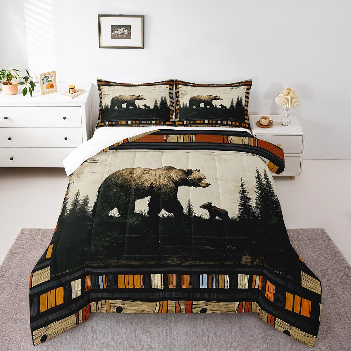 Castle Fairy 3D Bear Hunt Comforter Set King Size Mountain Tree Landscape Bedding Set Kids Boys Girls Soaring Eagle Wildlife All Season Quilt Set Retro Farmhouse Bedding Comforter Sets,3Pcs