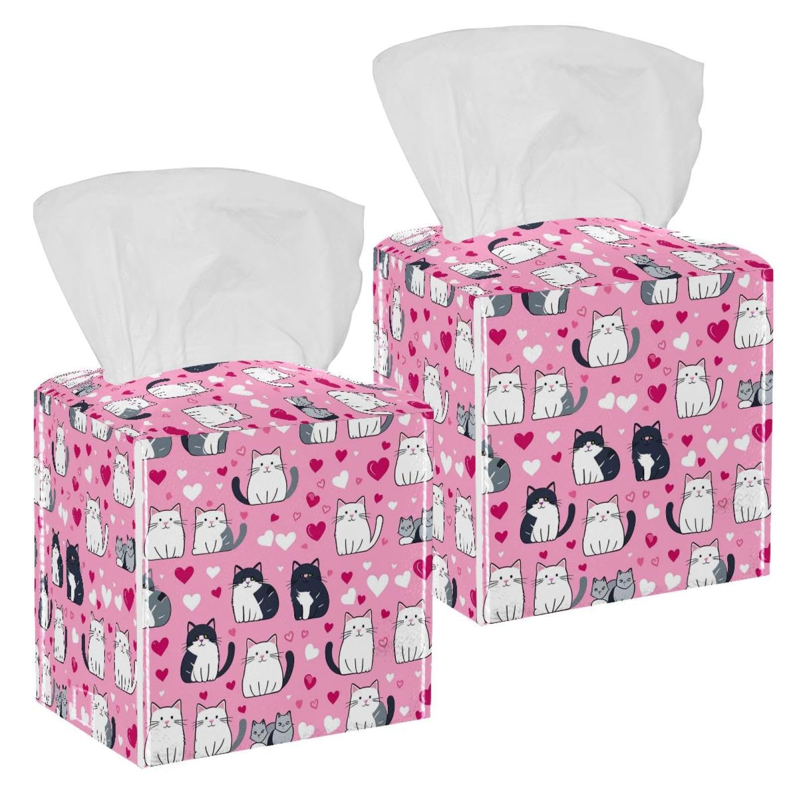 Cat with Love Tissue Box Cover, 2 Pack PU Leather Square Facial Tissue Dispenser Box holder for Home Office Car