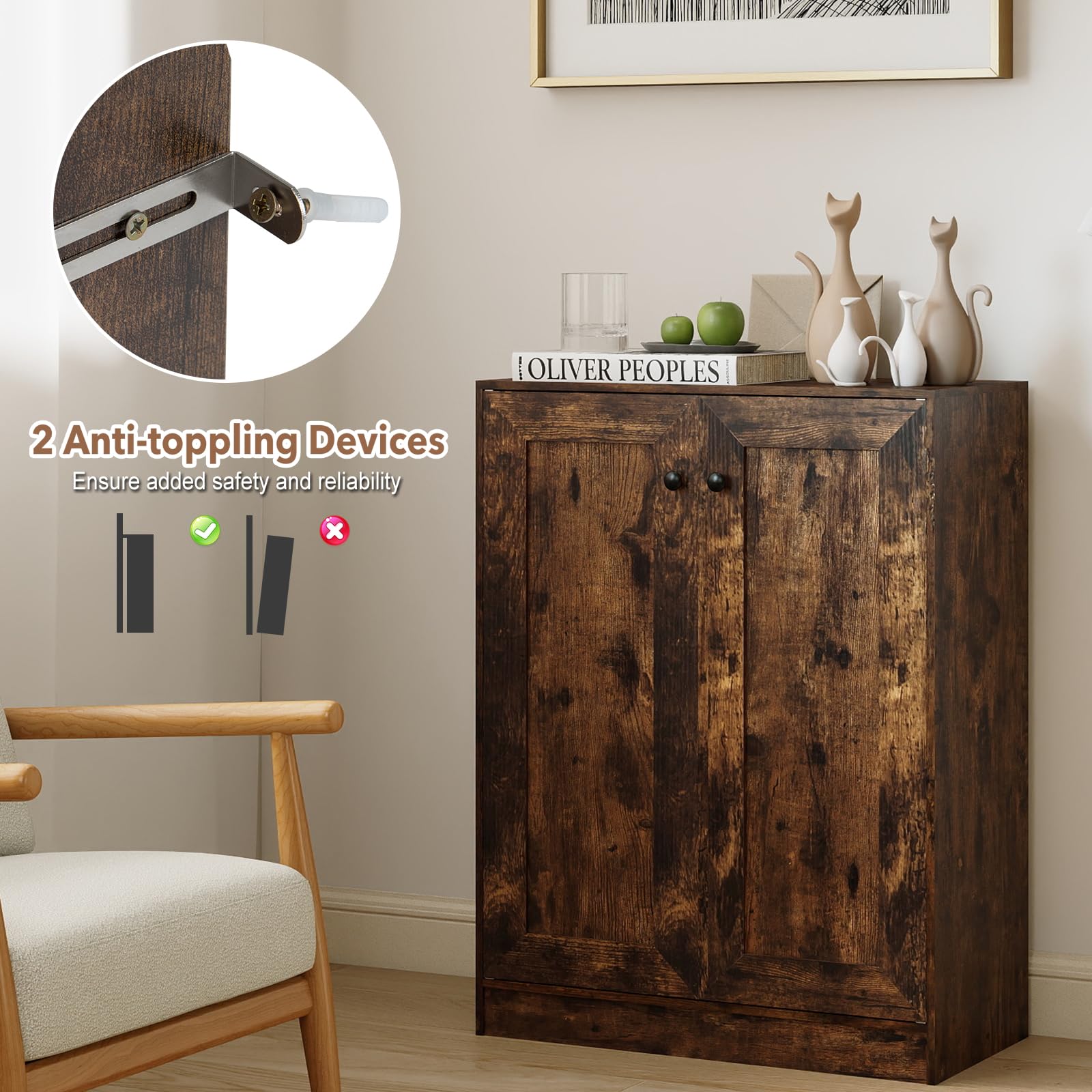 KOMFOTTEU Credenza Cucina con 2 Ante, Mobile Cucina Dispensa con 2 Ripiani Regolabili e Kit Antiribaltamento, Mobiletto per Soggiorno, Sala da Pranzo, Camera da Letto, Ingresso, 60x30x80cm (Marrone)