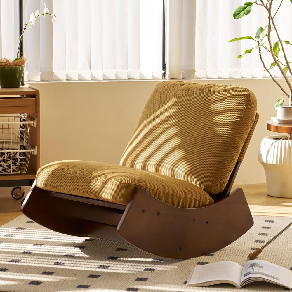 I0I&I0I Brandless Schaukelstuhl Mit Holzrahmen Gepolstert Bequemer Relax Sessel Für Wohnzimmer Schlafzimmer Stillzimmer Lesen Entspannen (Orange + Fabric + Wood)