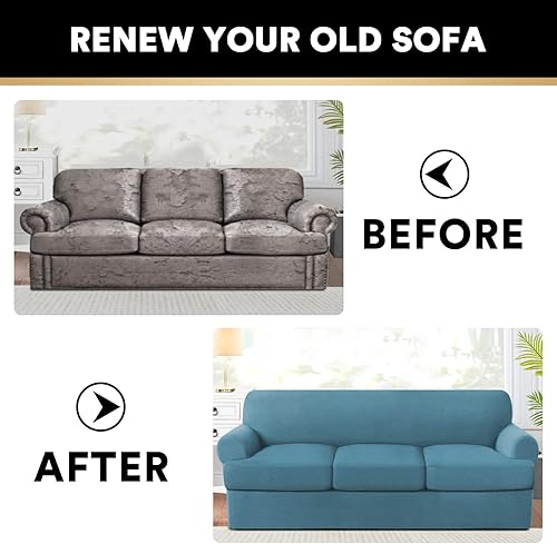 Miniatura 8 de Paquete de fundas para sofá con cojín en forma de T de 3/4 piezas, protector de muebles, patrón a cuadros, extraíbles y lavables, color azul tormenta