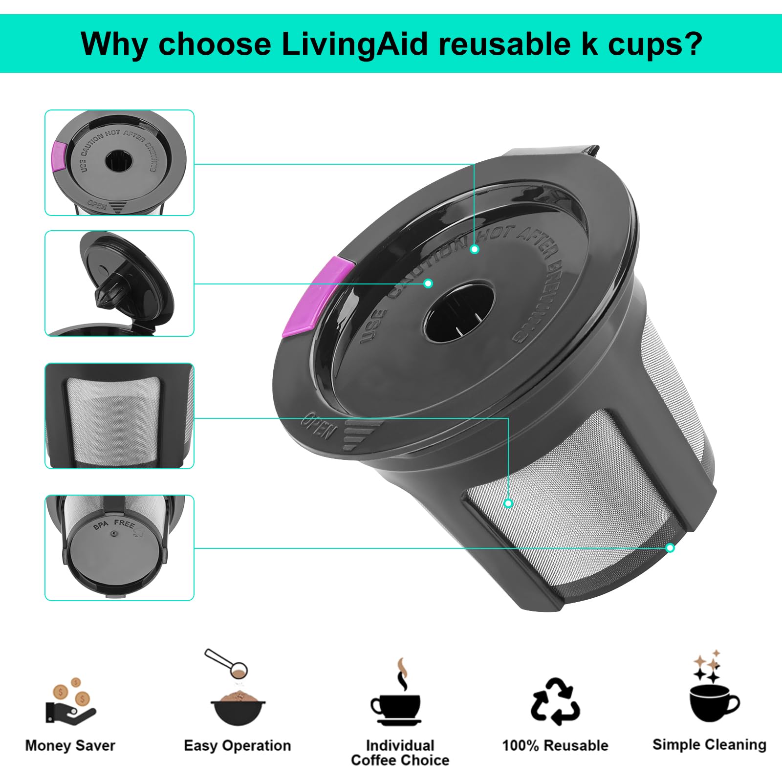 Tazas K reutilizables, paquete de 4 cápsulas de café reutilizables de ajuste universal con cuchara de café, filtros de café recargables con malla de acero inoxidable de grado alimenticio para