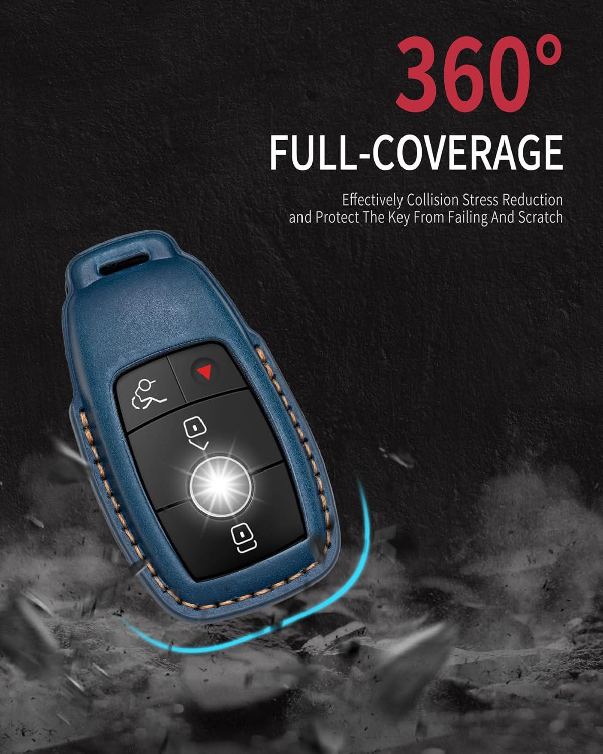 for Mercedes Benz Key Fob Cover Leather Key Case Keychain Compatible for 2019-2021 A-Class C-Class G-Class 2017-2021 E-Class S-Class -Blue - Image 4