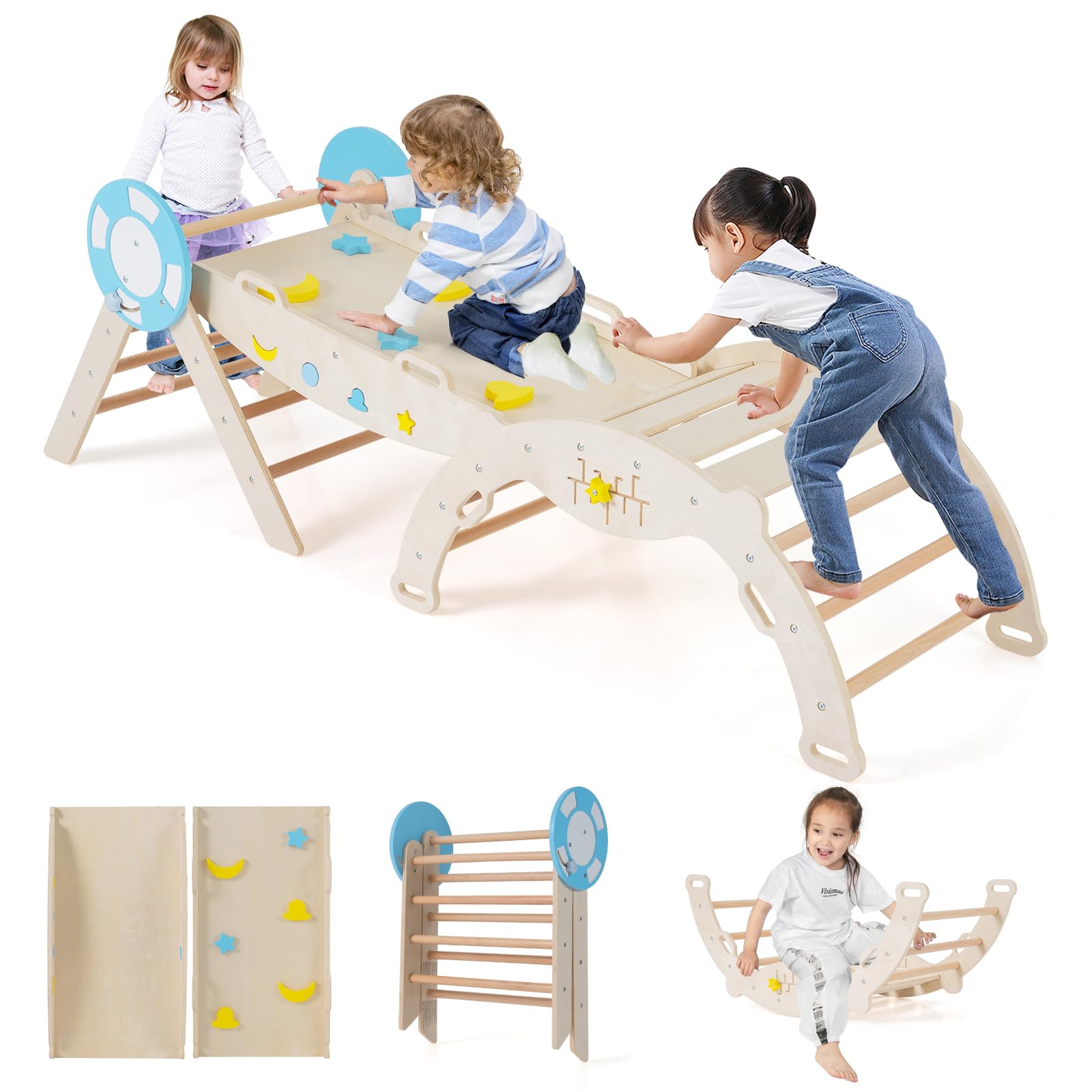 COSTWAY Toddler Climbing Frame, Kids Wooden Climber Toys Set with Arch, Reversible Ramp, Indoor Montessori Play Gym for Boys Girls 3 Years Old+ (7 in 1 Nautical-Themed, Natural)