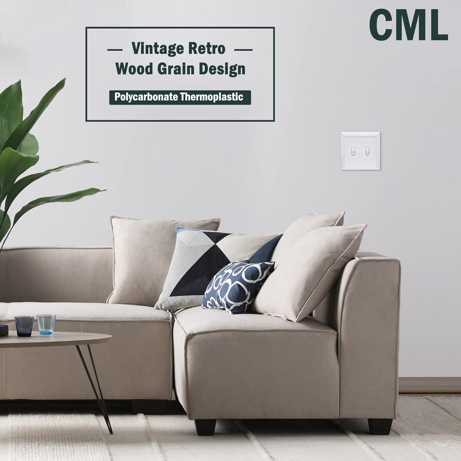 CML Classic Double Toggle Light Switch Wall Plate, 2-Gang Outlet Covers, Vintage Retro Wood Grain Design, Standard Size 4.95”X 4.87”, Impact Resistant, 2-Pack, White