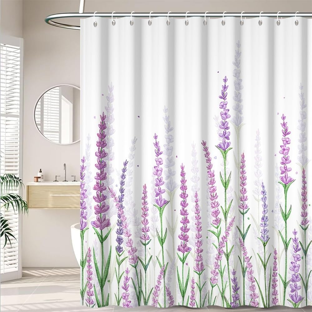 Purple Lavender Shower Curtain for Bathroom Modern Botanical Themed Bathroom Set Decor Gorgeous Watercolor Purple Flowers Bathtub Curtains Washable Waterproof Polyester Fabric with Hooks 72x78 Inch
