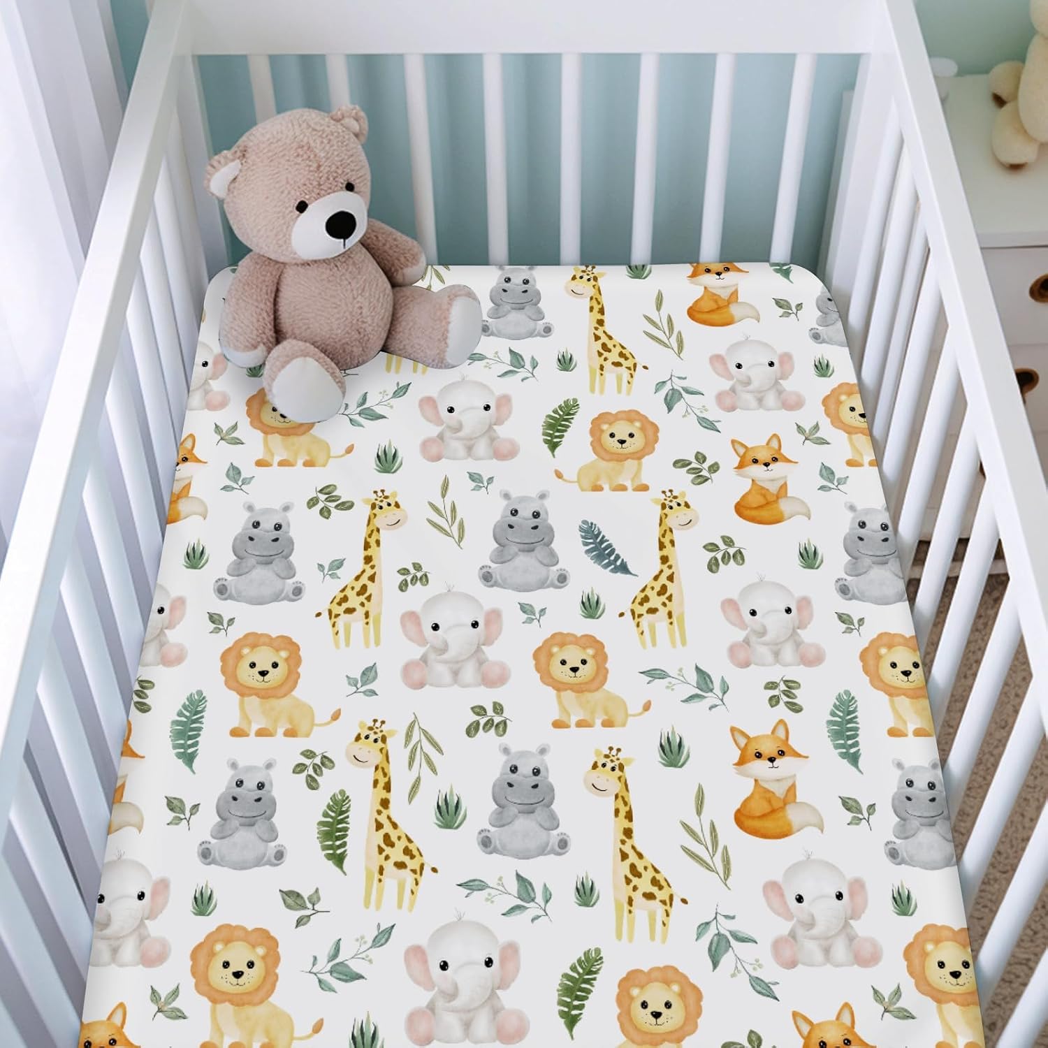 Jungle Safari Animals Tropical Leaves Baby Crib Sheet for Girl Boy 52"x28" Elephant Lion Giraffe Hippo Fox Soft Breathable Toddler Nursery Bed Sheet Fits All Standard Crib and Toddler Mattress Pads
