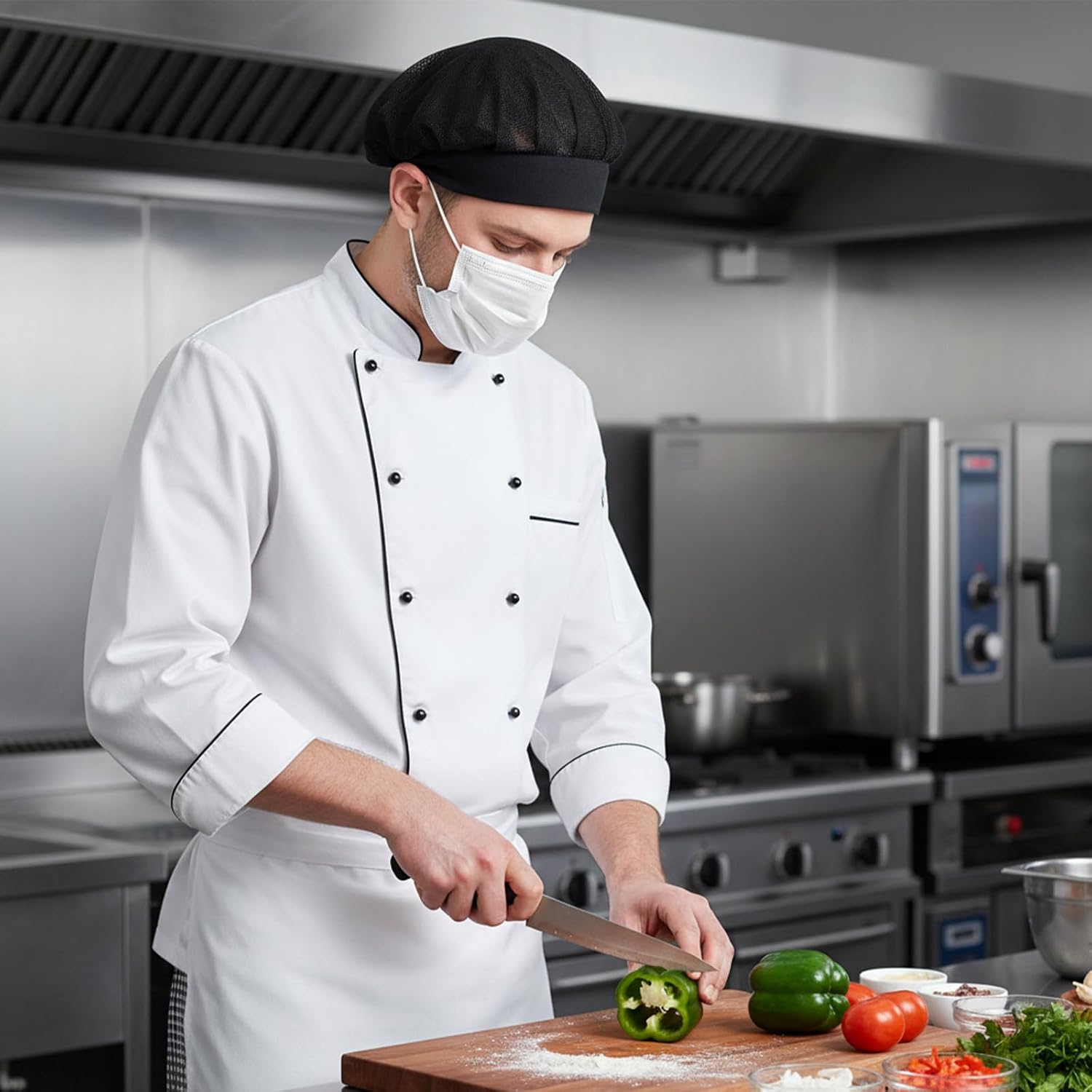 Nogeqi 4 Pcs Elastic Black Chef Hat, Mesh Chefs Hat for Foodservice, Hair Nets Adjustable Hairnets for Kitchen Food Service Restaurant Women Men with Brim
