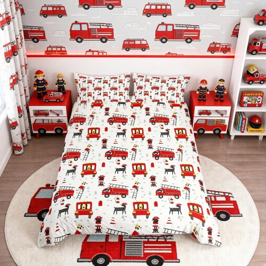 Loussiesd Cute Dog Bedding Set Cartoon Fire Dogs Pattern Duvet Cover for Kids Boys Girls Pet Dog Fire Truck Comforter Cover Red White Bedding & Linen 3Pcs Super King Size Boys — image 1