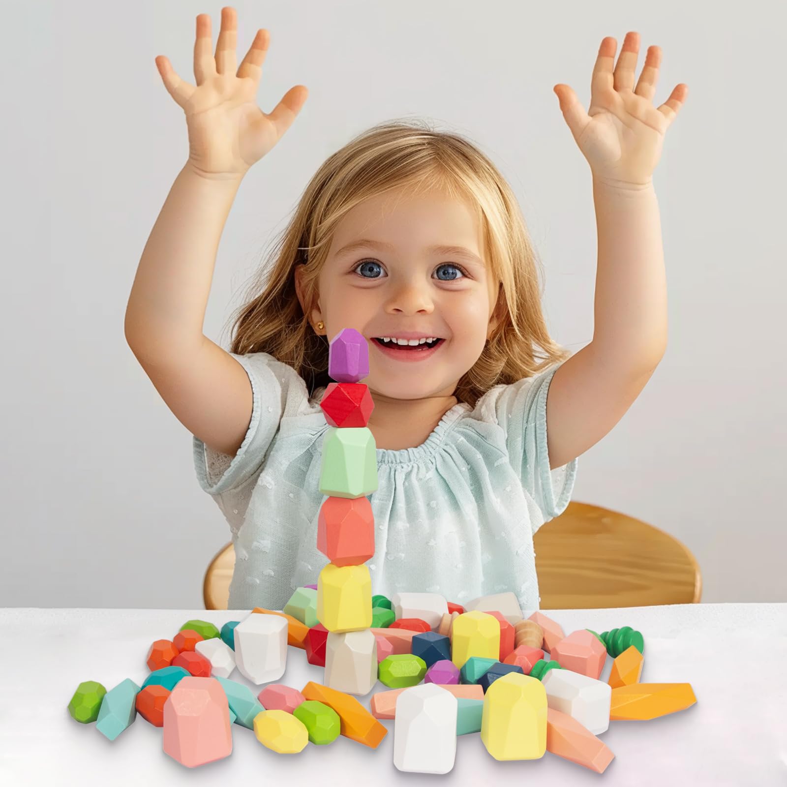 48 piezas de piedras apilables de madera para clasificar, juguetes sensoriales para niños pequeños, juguetes STEM Montessori, juego de bloques de construcción para niños de 3 a 6 años, 6