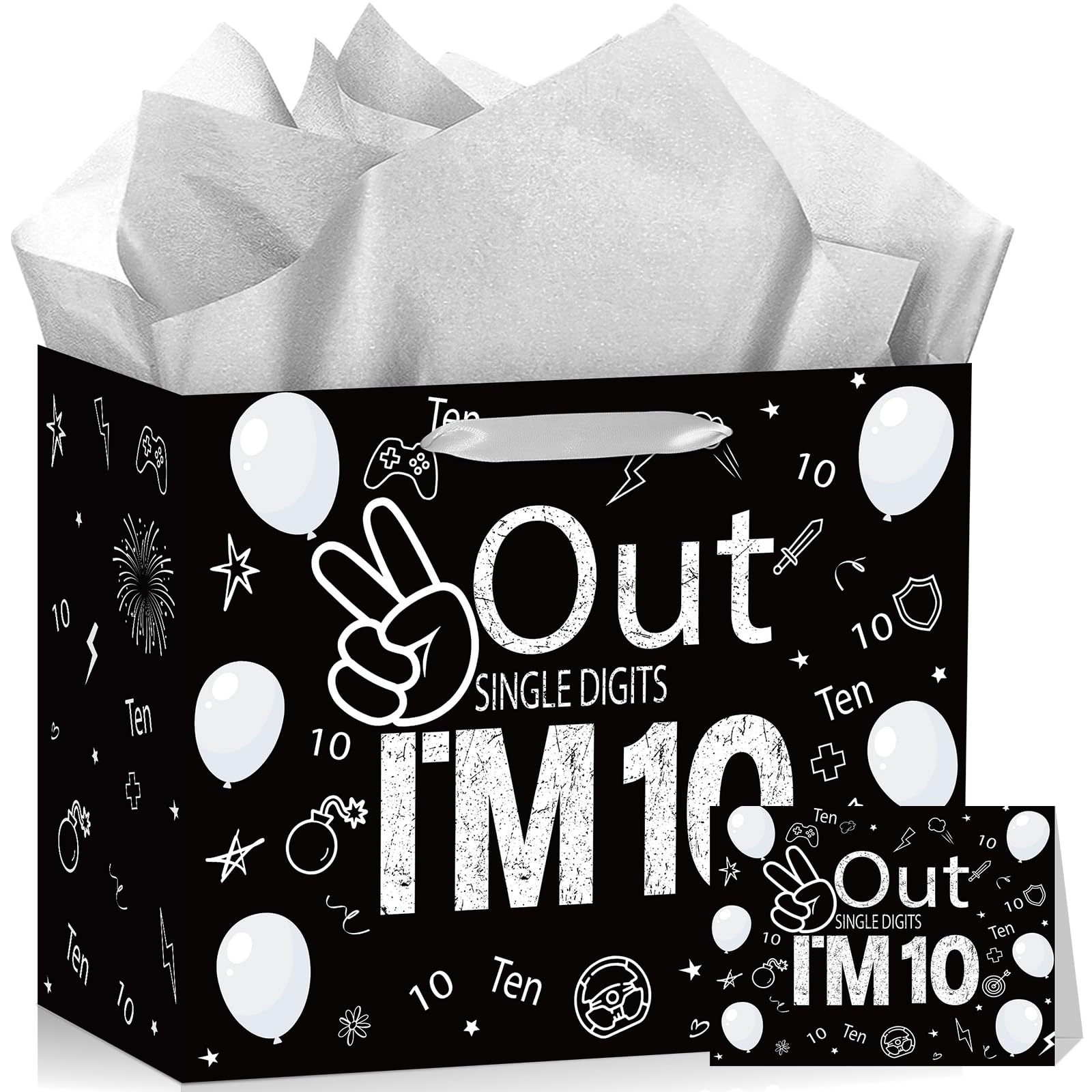 Happy 10th Birthday Gift Bag for Boys Girls Out Single Digits I'm 10 Gifts Bag with Wrapping Paper Greeting Card Black Silver 10 Year Old Bday Decorations Party Favors Supplies Decor (10th Birthday
