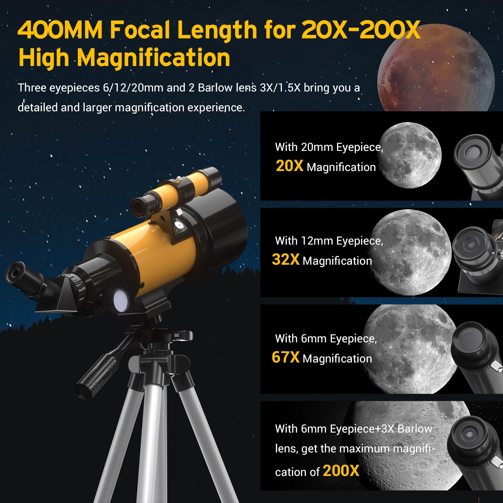 Télescope 70MM, Ouverture 400MM (20X-200X), Télescope Astronomique Réfracteur, FMC Haute Transmission, Trépied, Adaptateur Téléphone, Télécommande, Cadeaux d'astronomie pour Enfants Adultes Débutants