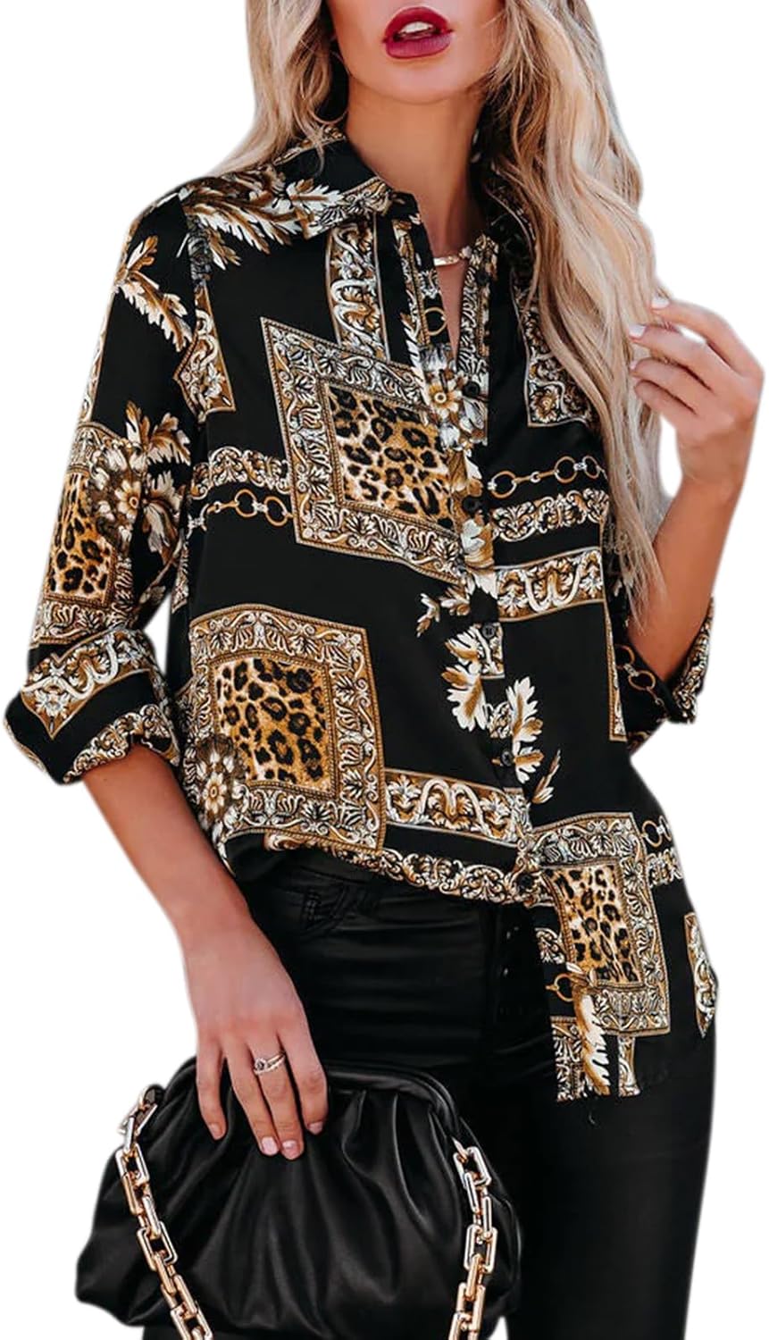 siliteelon Blouses for Women Long Sleeve Button Down Shirts Printed Wrinkle-Free Dressy Casual Blouse Spring Fall Trendy