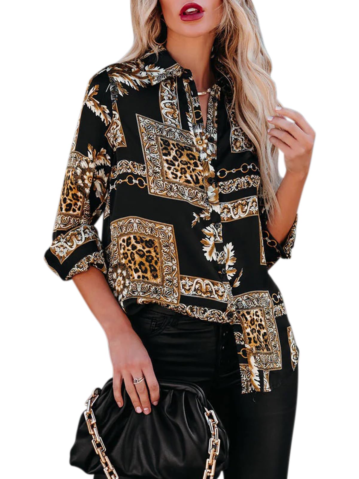 siliteelon Blouses for Women Long Sleeve Button Down Shirts Printed Wrinkle-Free Dressy Casual Blouse Spring Fall Trendy