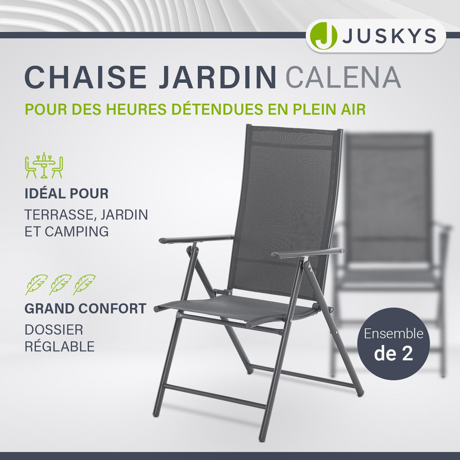 Juskys Chaise de Jardin Calena - Lot de 2 - Dossier 7 Positions, Pliable - Structure Acier thermolaqué, Tissu Respirant & Confortable