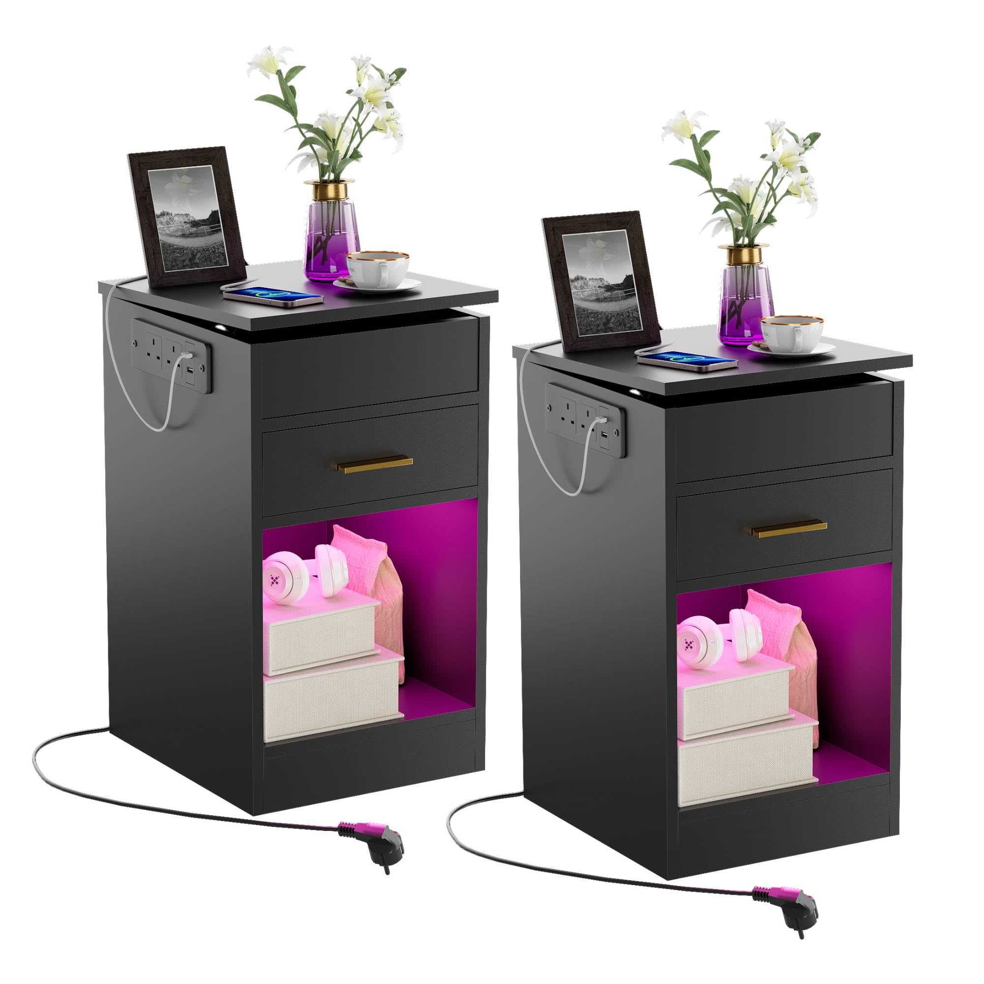 Ztexkee Set of 2 Bedside Tables with Power Socket Nightstands with RGB light End Table 1 drawers and 1 Big Storage compartments Bedside Table for Bedroom Living Room Black