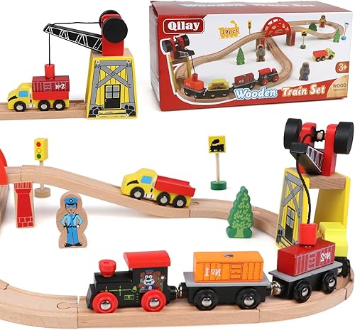 Miniatura 8 de Juego de trenes de madera Qilay para niños pequeños - 39 piezas de vías de tren de madera con grúa, puente y 5 trenes de madera - Juguetes de trenes