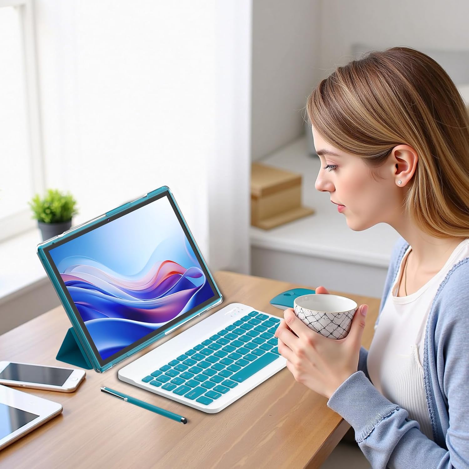 10 inch Android 15 Tablet with Keyboard Stylus, 8GB RAM 2 in 1 Tableta, Includes Mouse & Protective Case, 6000mAh Battery, Wi-Fi 6,Dual Camera, 32GB ROM,tablet set pc - Tablets with case (Navy blue)