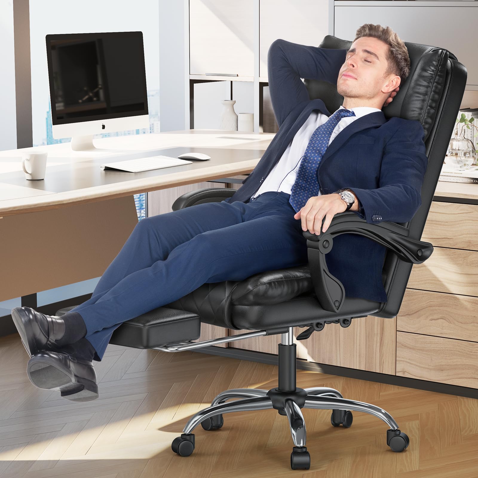 naspaluro Chefsessel Bürostuhl mit Fußstütze, Schreibtischstuhl Ergonomisch, PU Leder Computerstuhl mit Gepolsterter Armlehnen und Weicher Kopfstütze Neigefunktion, Höhenverstellbar Drehstuhl, Schwarz