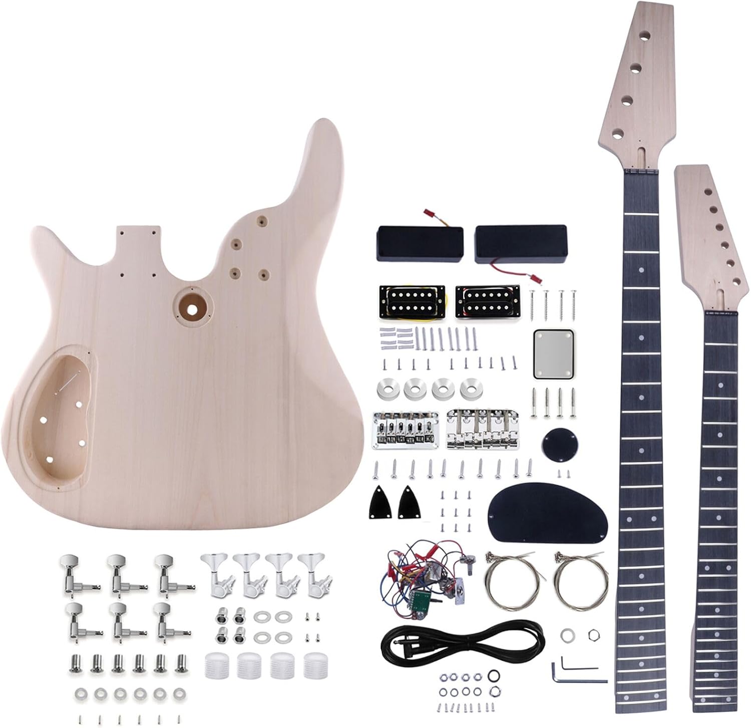Double Neck DIY Electric Guitar and Bass Kit 6 String and 4 String Guitar Kit with Basswood Body Hard Maple Neck Engineered Fretboard Chrome Hardware Build Your Own Bass and Guitar.