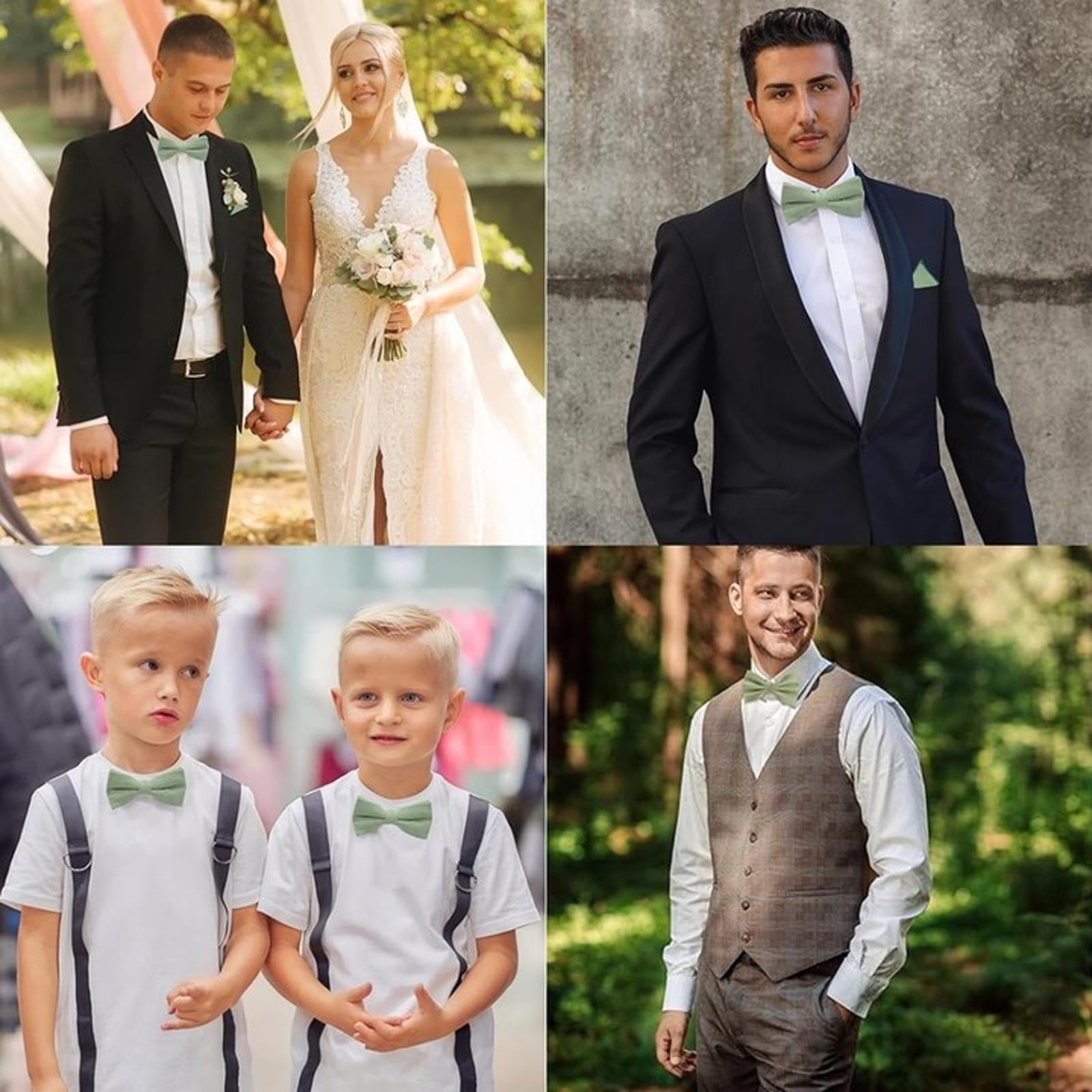 Zestaw muszki męski Zielony z chusteczką i spinkami do mankietów, Eleganckie krawaty dla mężczyzn, Zielona muszka męska na garnitur i ślub, Akcesoria do krawata męskiego Zielony