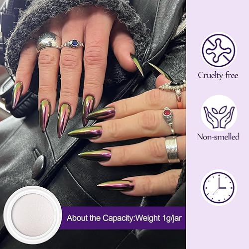 Vista 44 de Artdone Polvo de uñas cromado, efecto espejo metálico, pigmento cromado, iridiscente, aurora, brillantina, sirena, perla, kit de polvo para esmalte