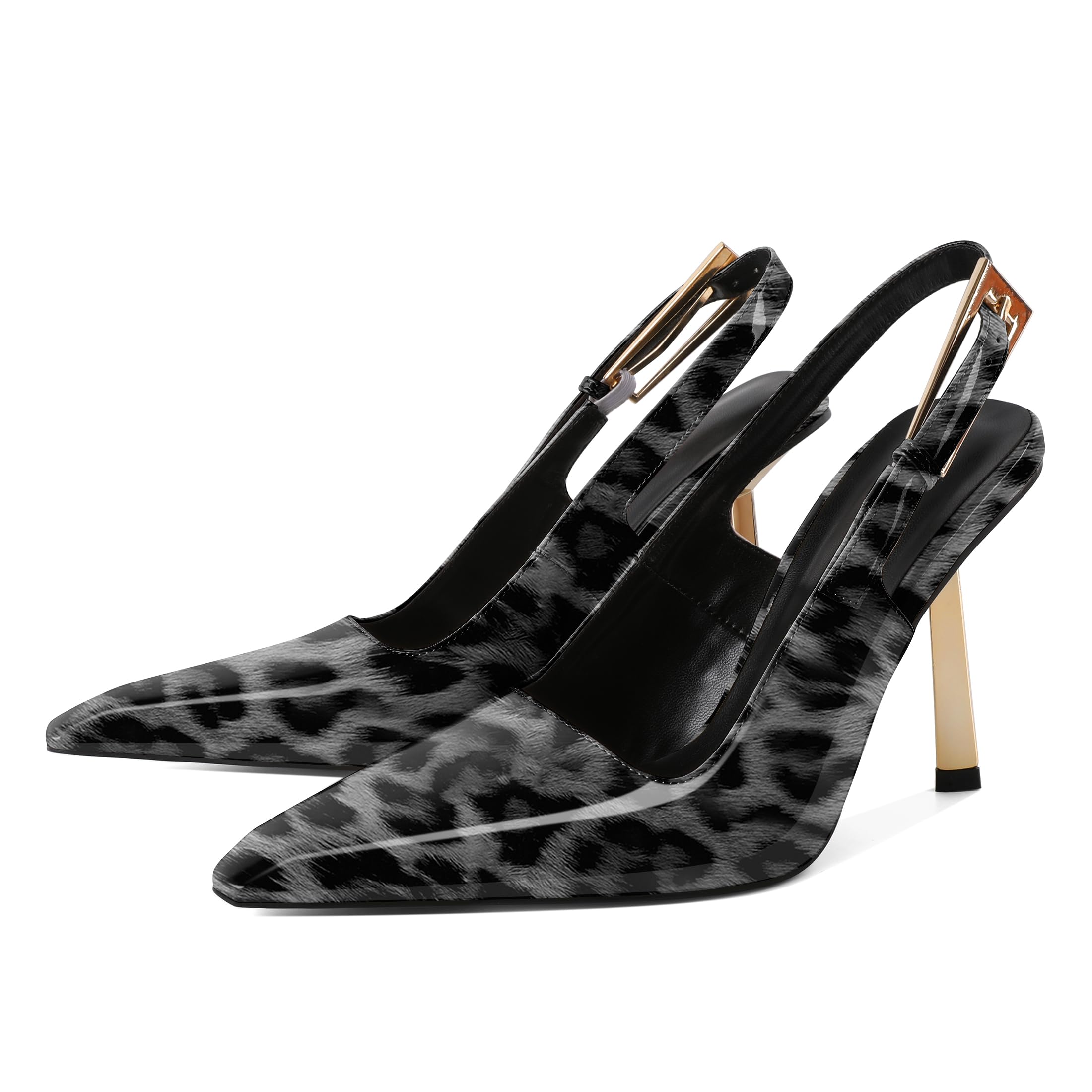 Eldof Slingback Heels for Women Metallic Buckle Square Toe Slip On Gold Stilettos High Heel Pumps Shoes Dressy 4 Inches