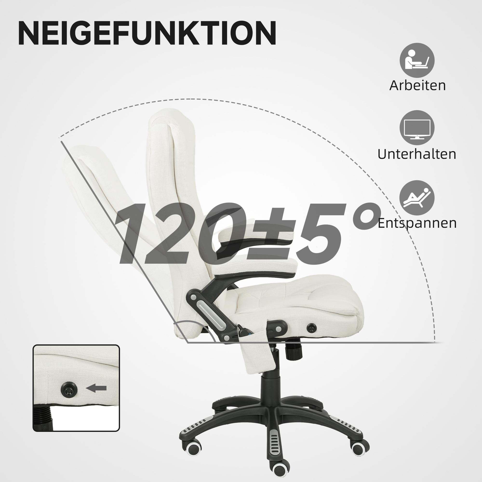 Vinsetto Bürostuhl mit Massagefunktion Ergonomischer Chefsessel mit Heizfunktion, Liegefunktion, Wippfunktion Höhenverstellbar 360° Drehbar Computerstuhl mit Seitentasche, Leinenoptik, Cremeweiß