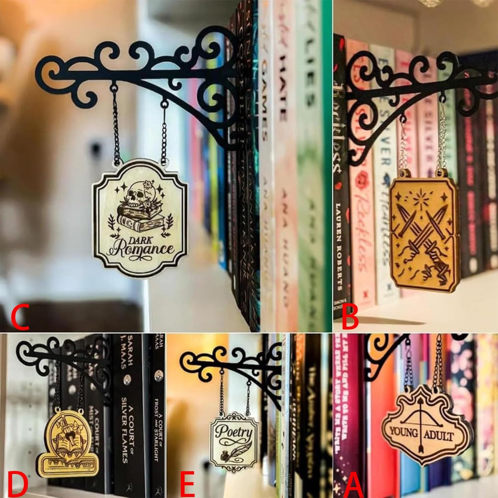 Explcior C+E Book Genre Dividers For Bookshelf, Book Nook Tavern Signs With Hanging Brackets, Bookshelf Genre Signs, Custom Shelf Labels For Home Library Bookshelves Dividers, Tavern-Style Booknook Decor(C+E)