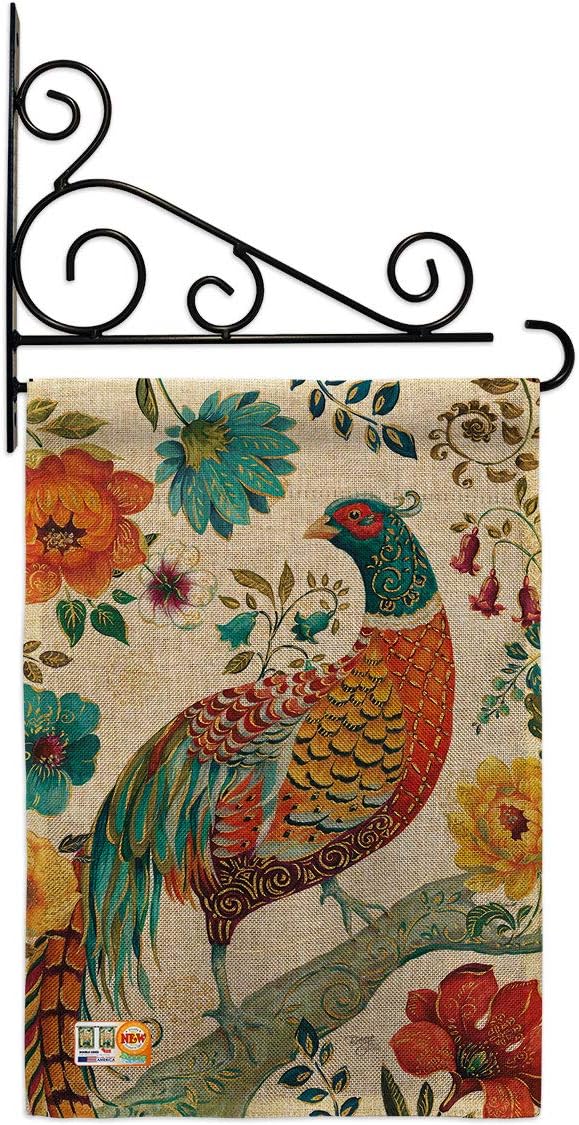 Suzani Peacock Burlap Garden Flag Set Wall Holder Animals Bird Flamingo Hummingbird Cardinal Springtime Natural Wildlife Small Decorative Gift Yard House Banner Double-Sided Made In USA 13 X 18.5