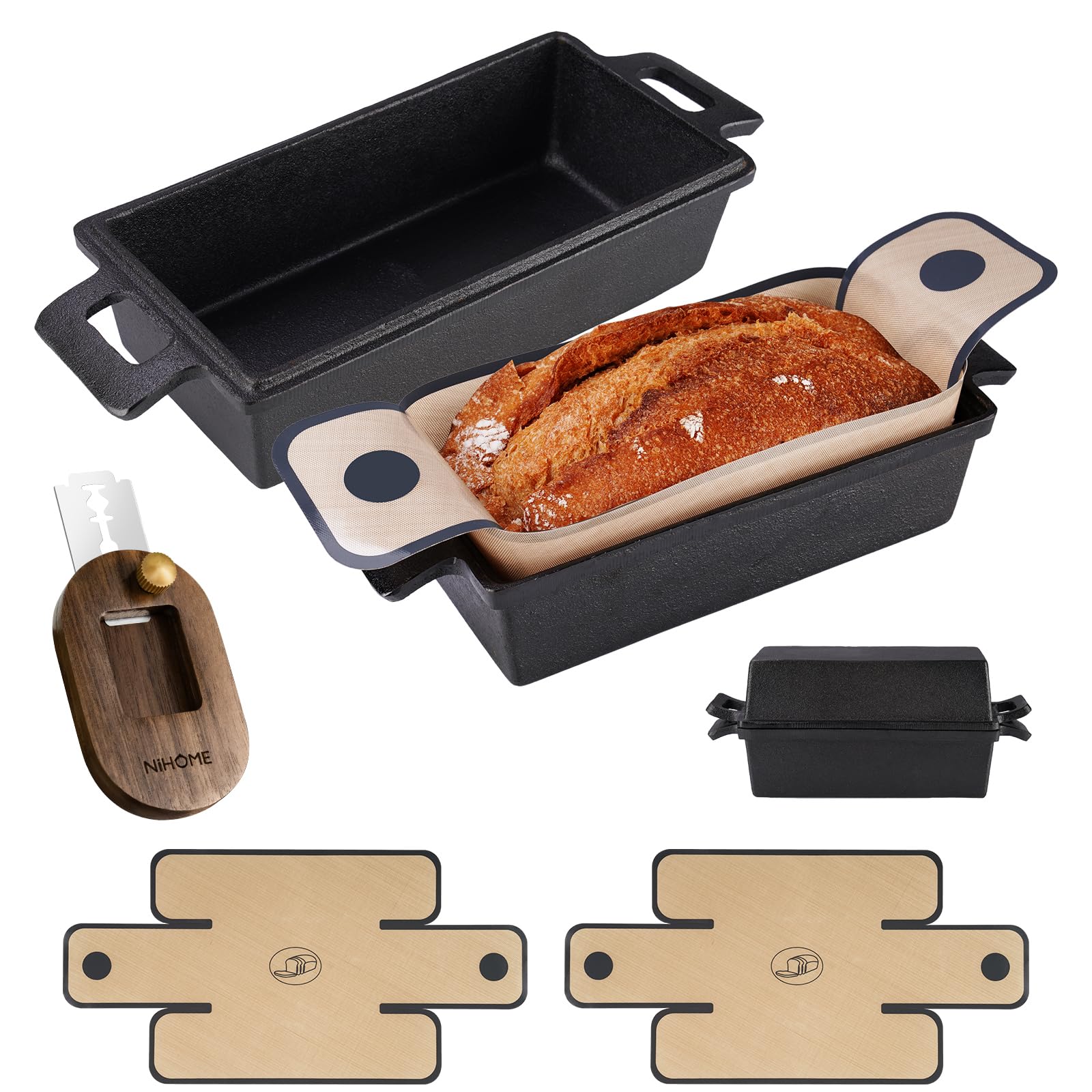 NiHome Cast Iron Bread Pan Set with Lid, 2 Loaf Pans (25x13 cm) + 2 Silicone Mats + Bread Lame, Heavy-Duty Cast Iron for Even Heat & Crisp Crust, Dual-Pan Design for Covered or Open Baking