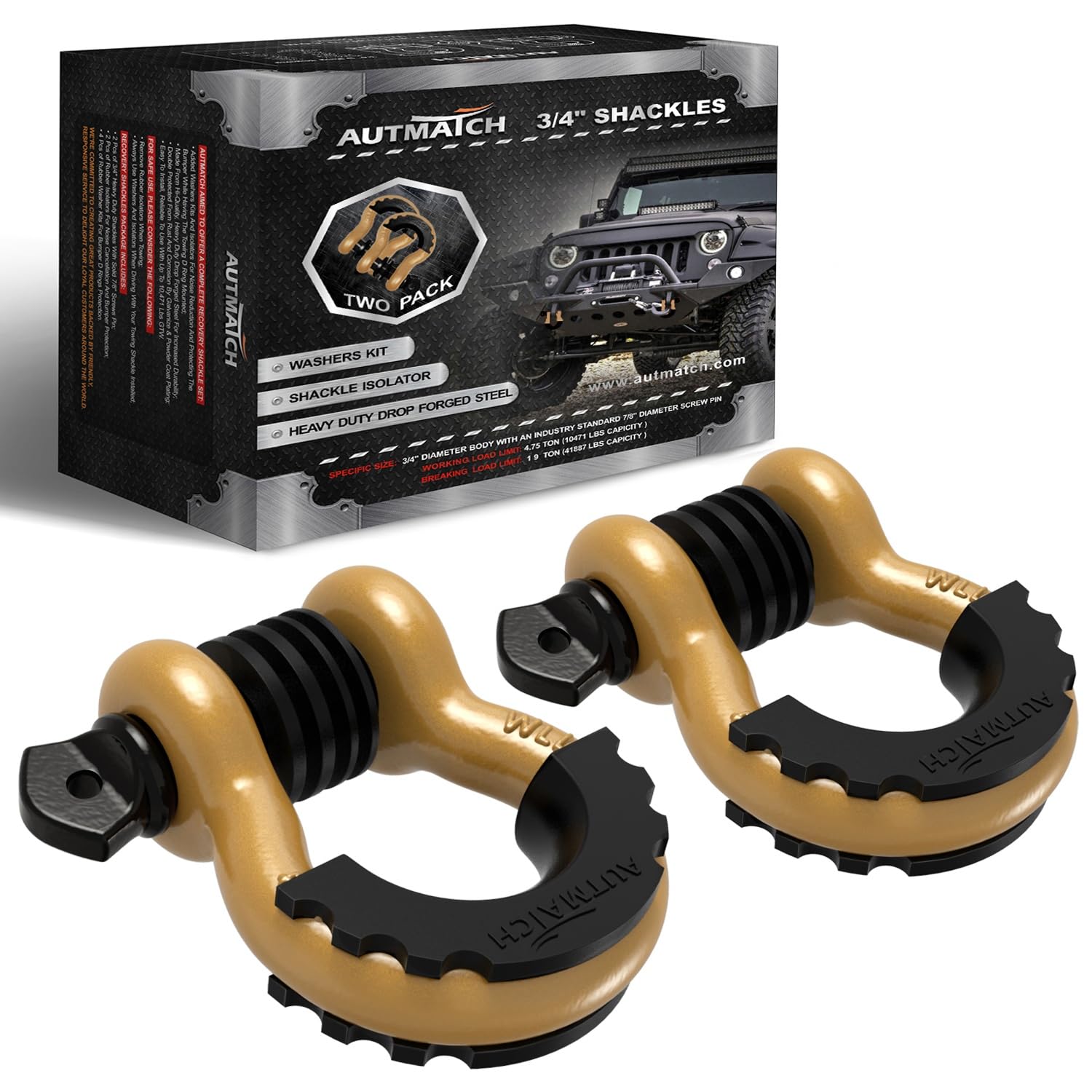 AUTMATCH 3/4" D Ring Shackle (2 Pack) 41,887Ibs Break Strength with 7/8" Screw Pin and Shackle Isolator & Washers Kit for Tow Strap Winch Off-Road Vehicle Recovery Gold & Black